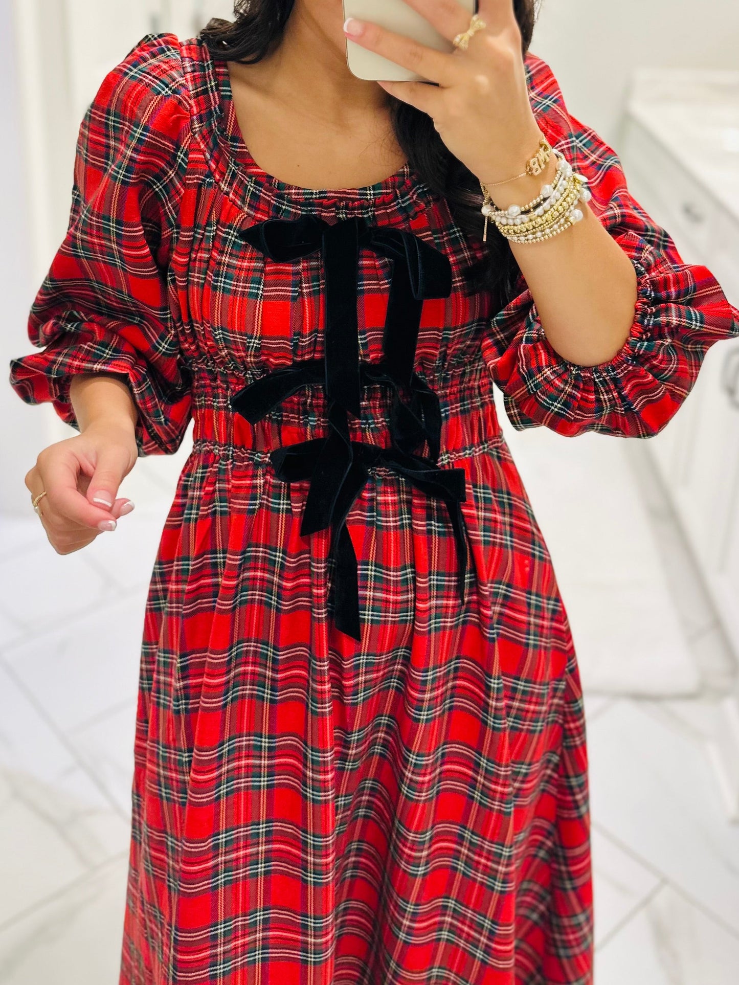 The Eve Red Holiday Plaid Bow Midi Dress