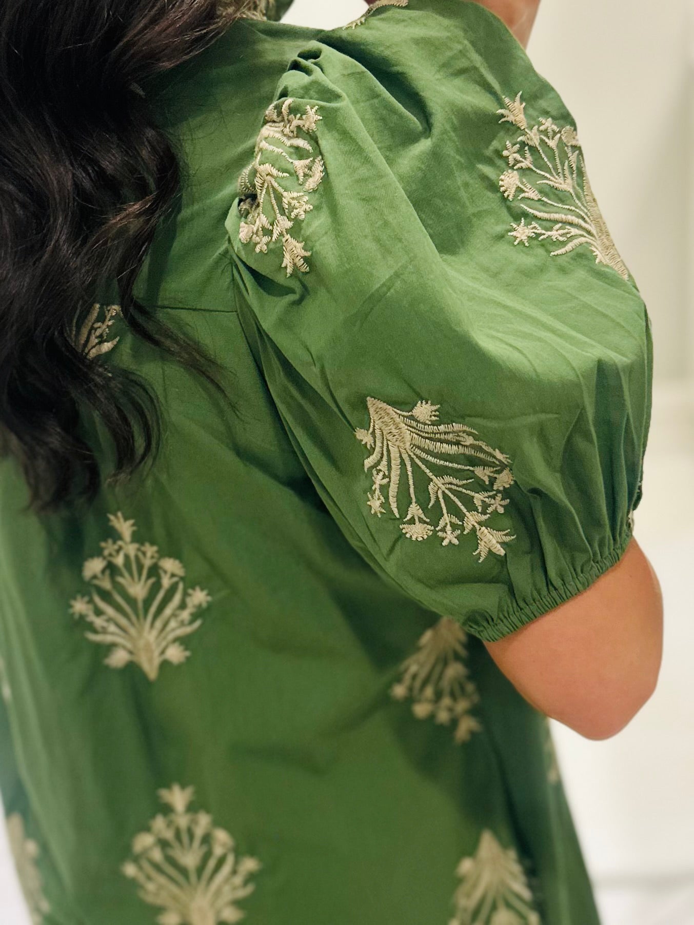 The Nola Olive Green Botanical Embroidered Midi Dress