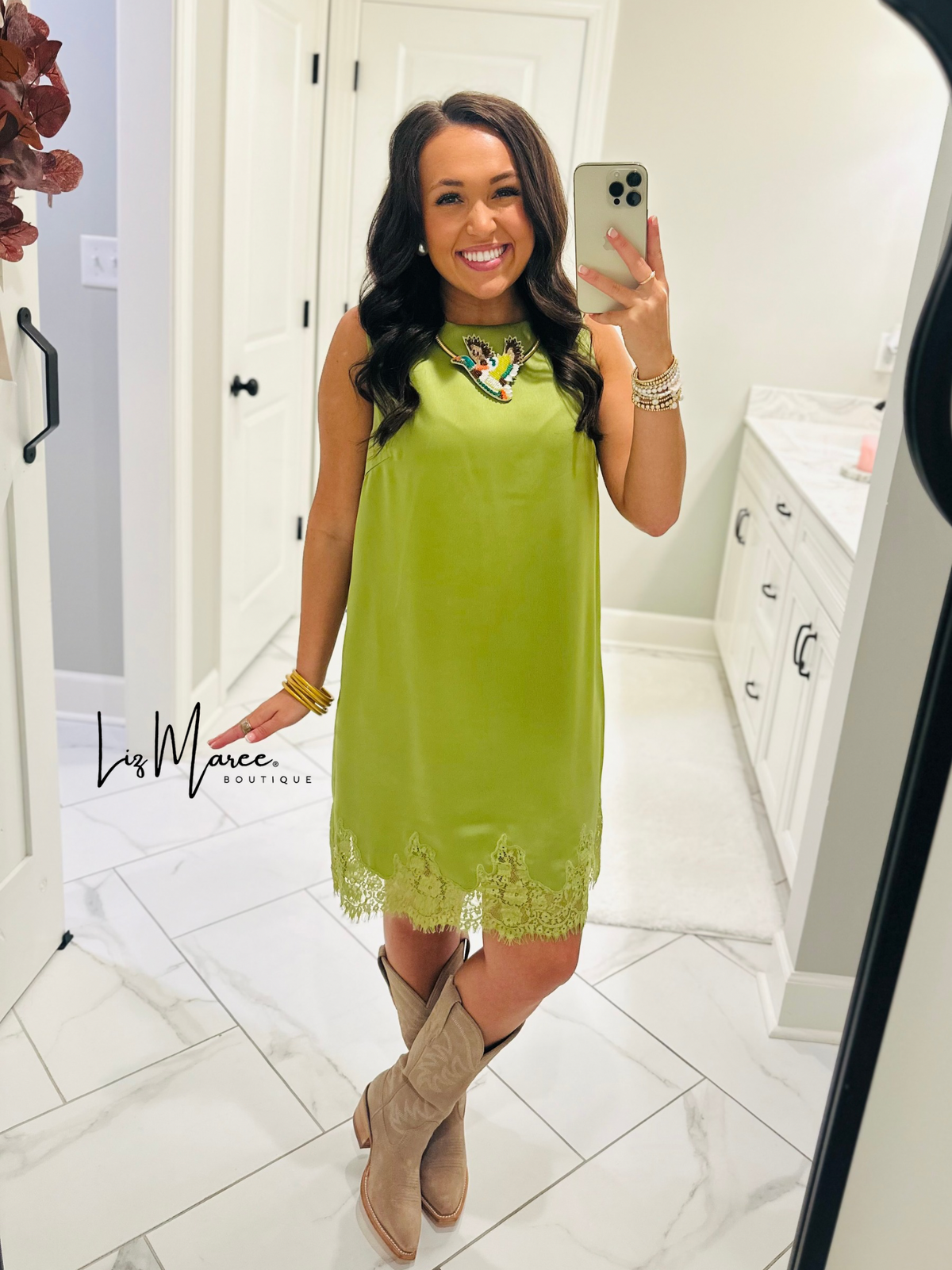 The Lola Olive Green Satin Lace Dress