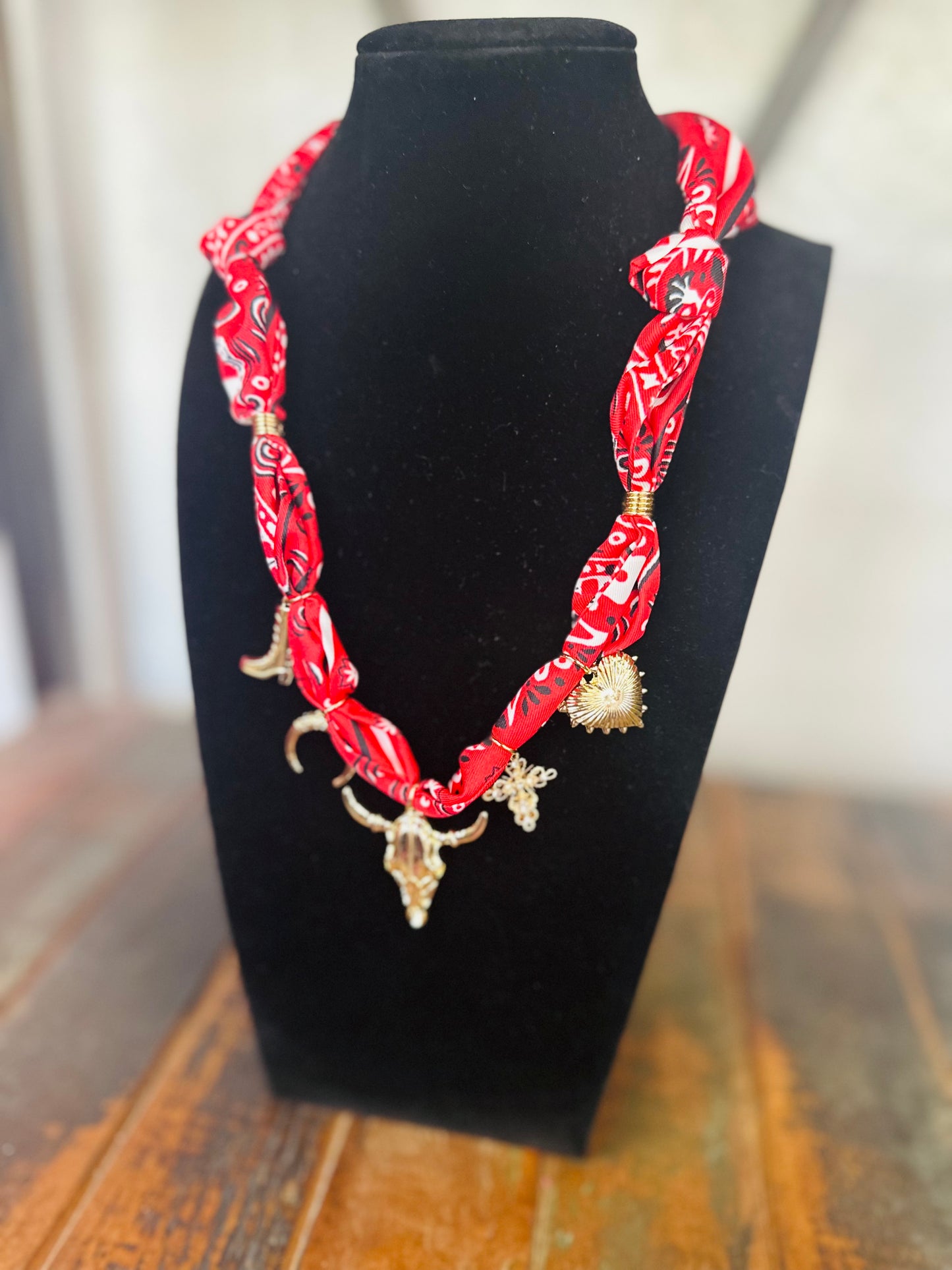 Western Steer Gold Charm Scarf Necklace - Red