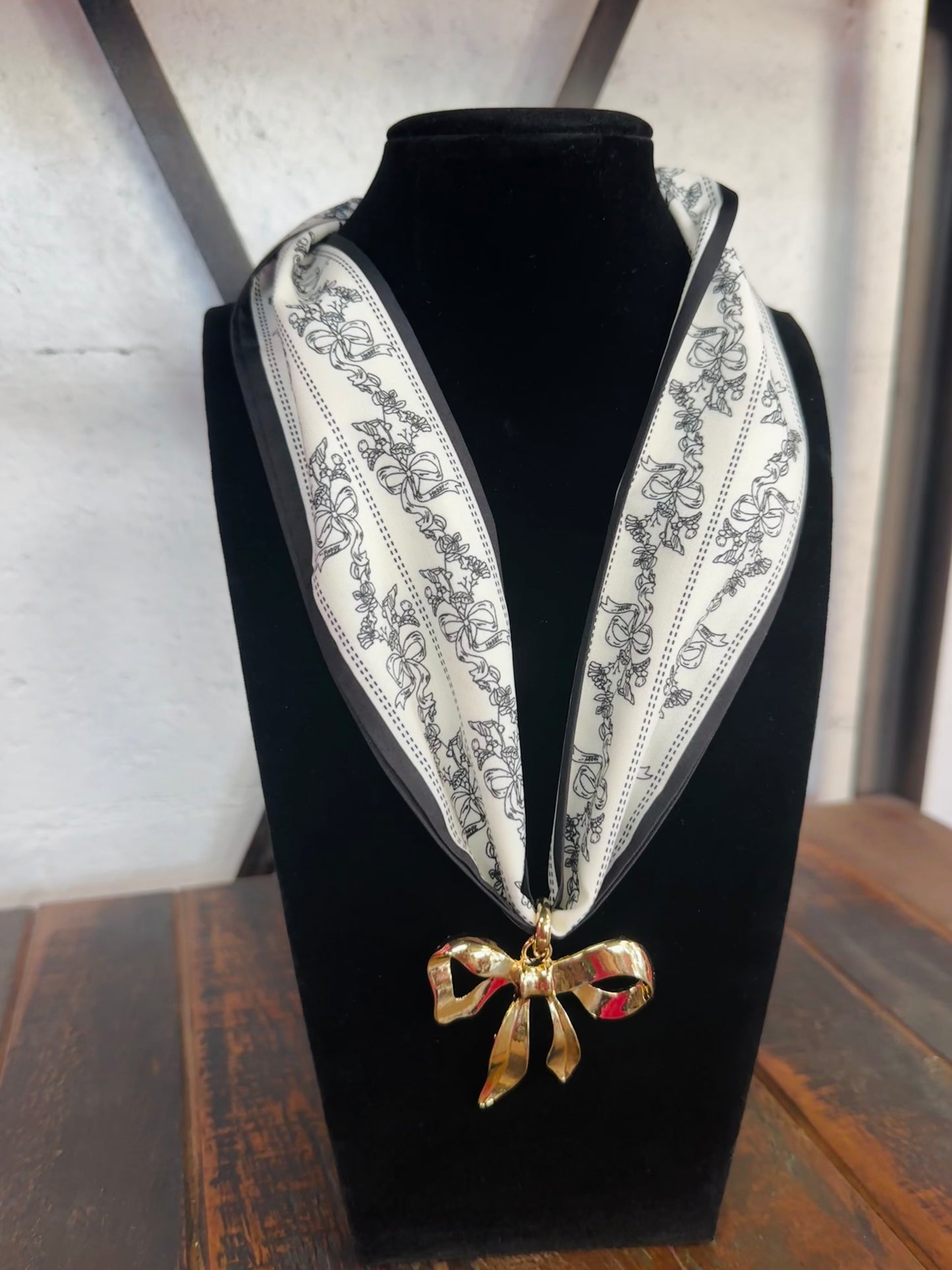 Black Bow Floral Silk Scarf + Gold Bow Pendant