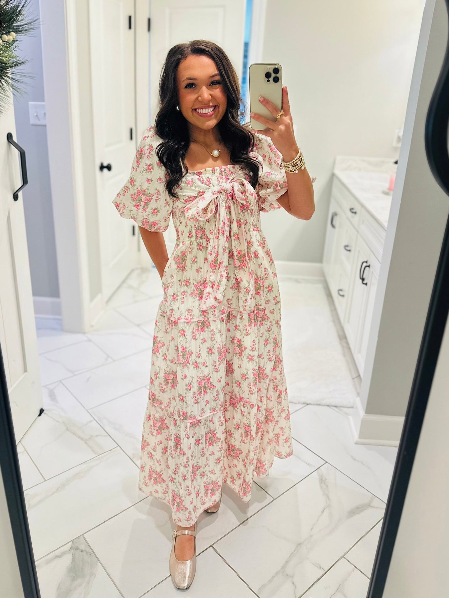 The Lola Floral Tiered Bow Front Midi Dress