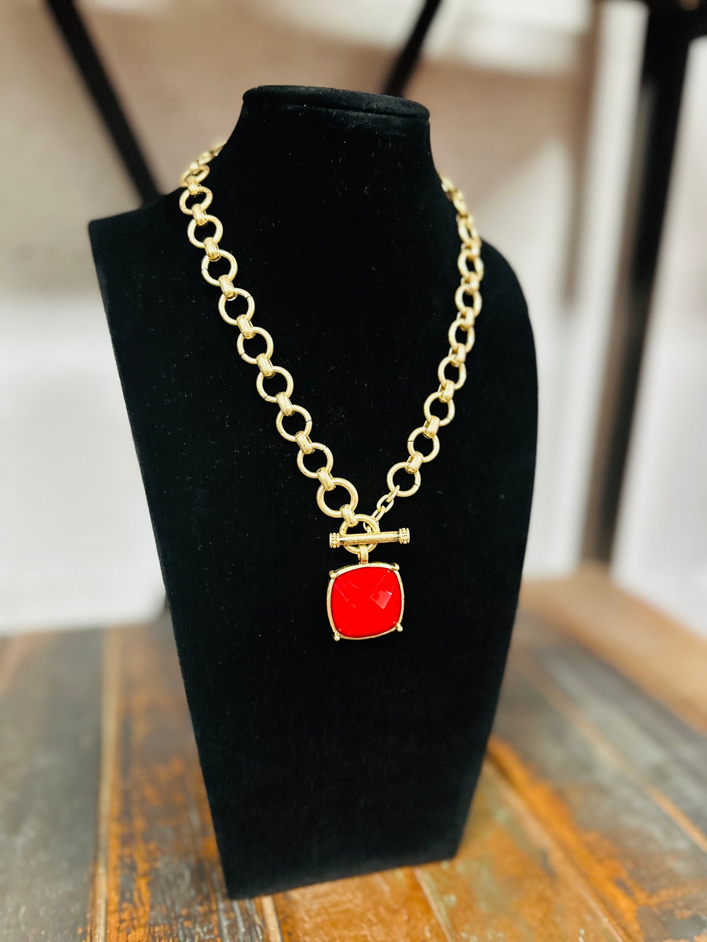 Red Square Stone Pendant Necklace
