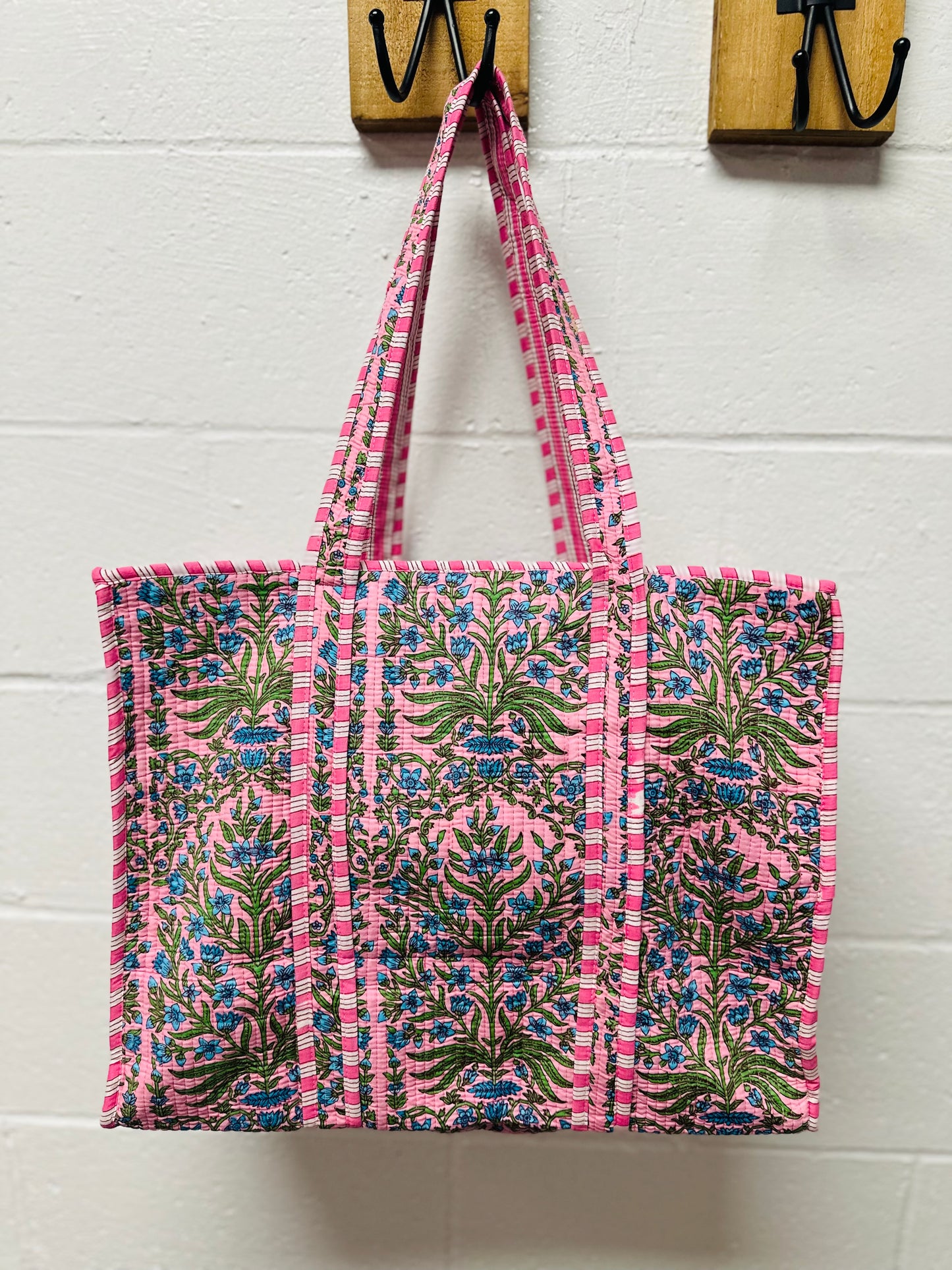 The Pink & Green Floral Quilted Tote Bag