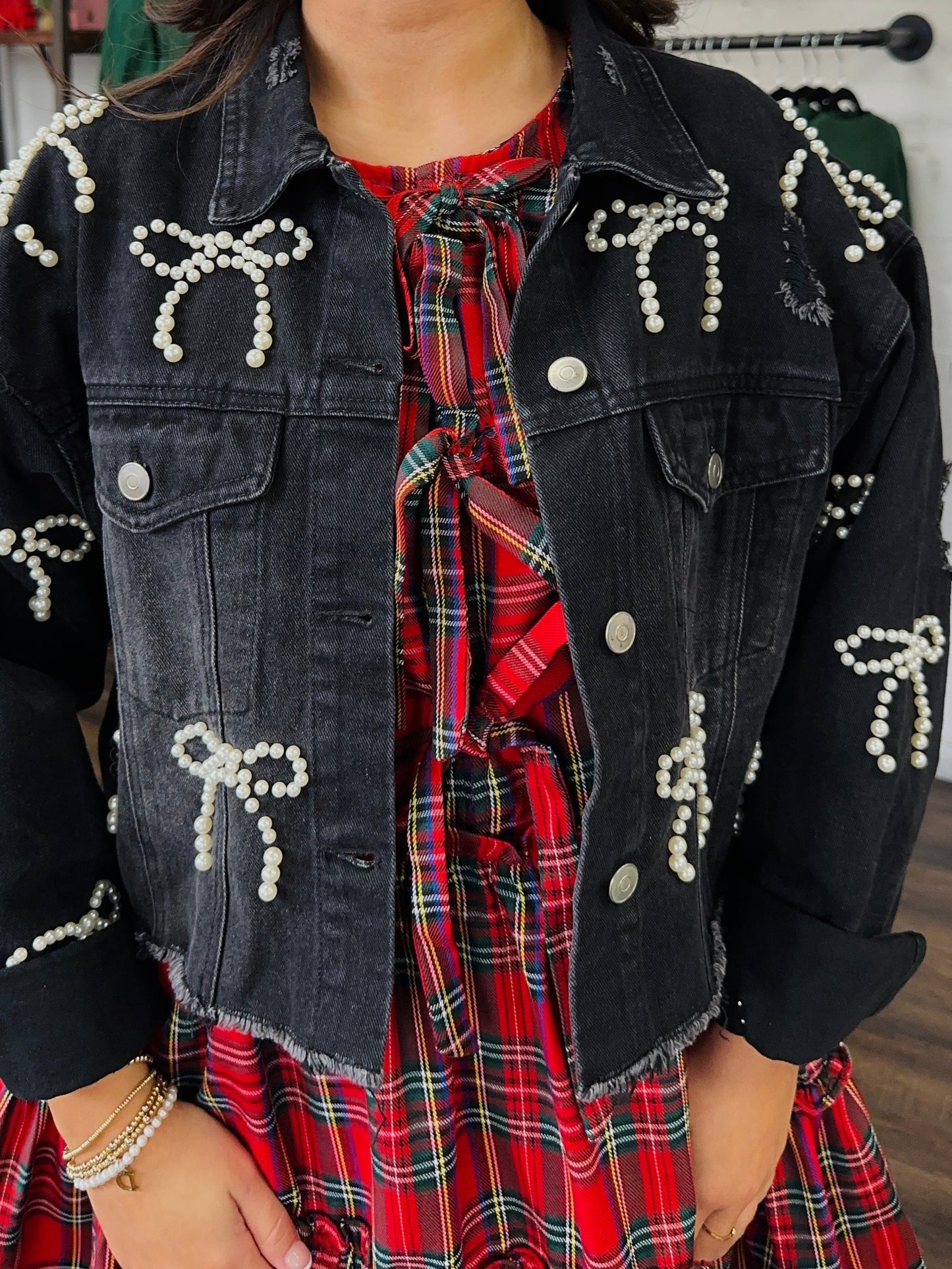 Black Denim Washed Pearl Bow Cropped Jacket