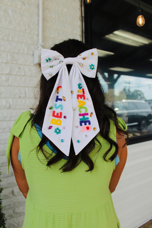 White Best Teacher Embroidered Bow