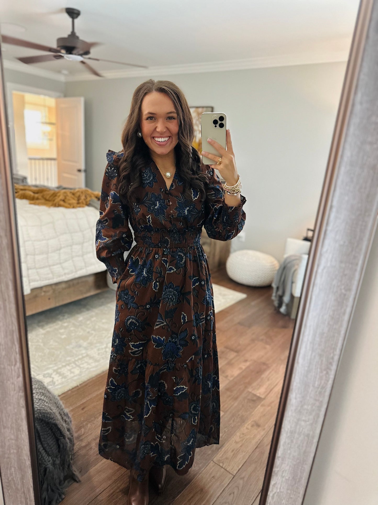 The Marlina Brown + Blue Floral Midi Dress