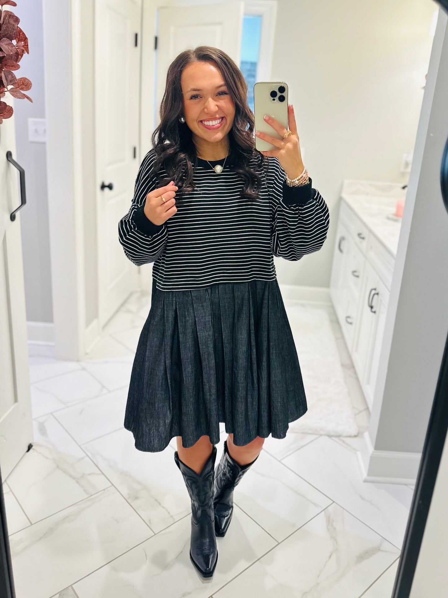 The Ella Long Sleeve Pleated Dress - Black / Denim