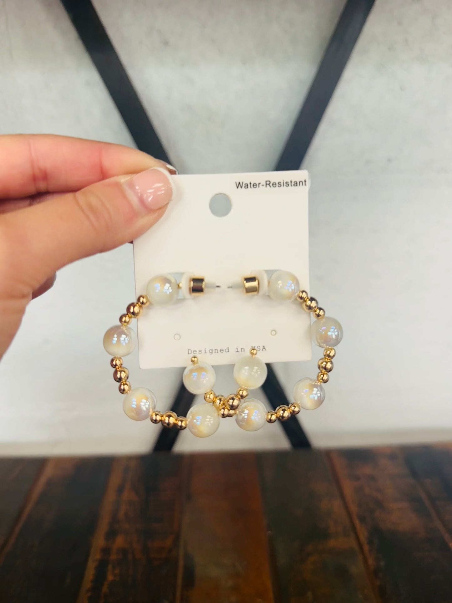 White + Gold Bead Ball Hoop Earring