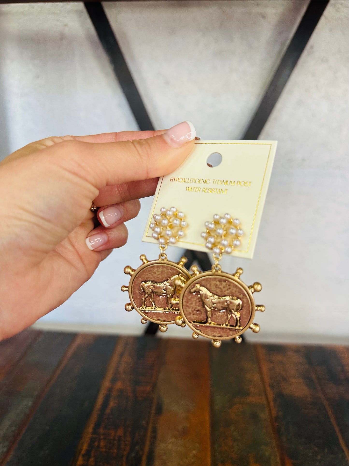 Gold Horse Coin & Pearl Drop Earrings