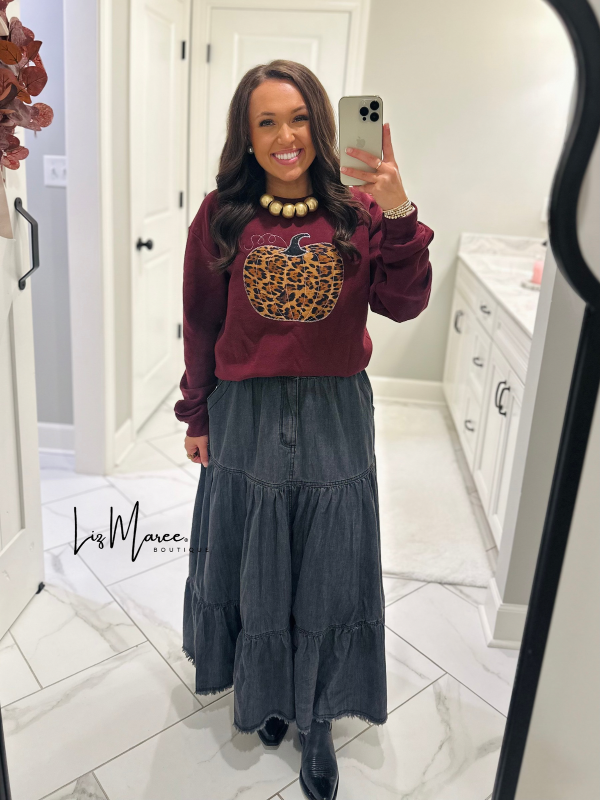 The Callie Black Denim Tiered Midi Skirt