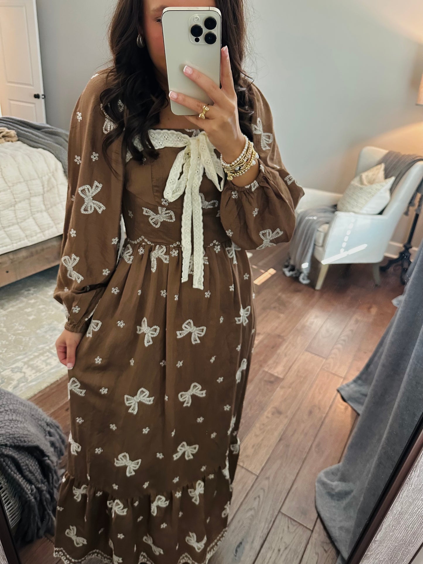 The Bruna Brown Bow Embroidered Midi Dress