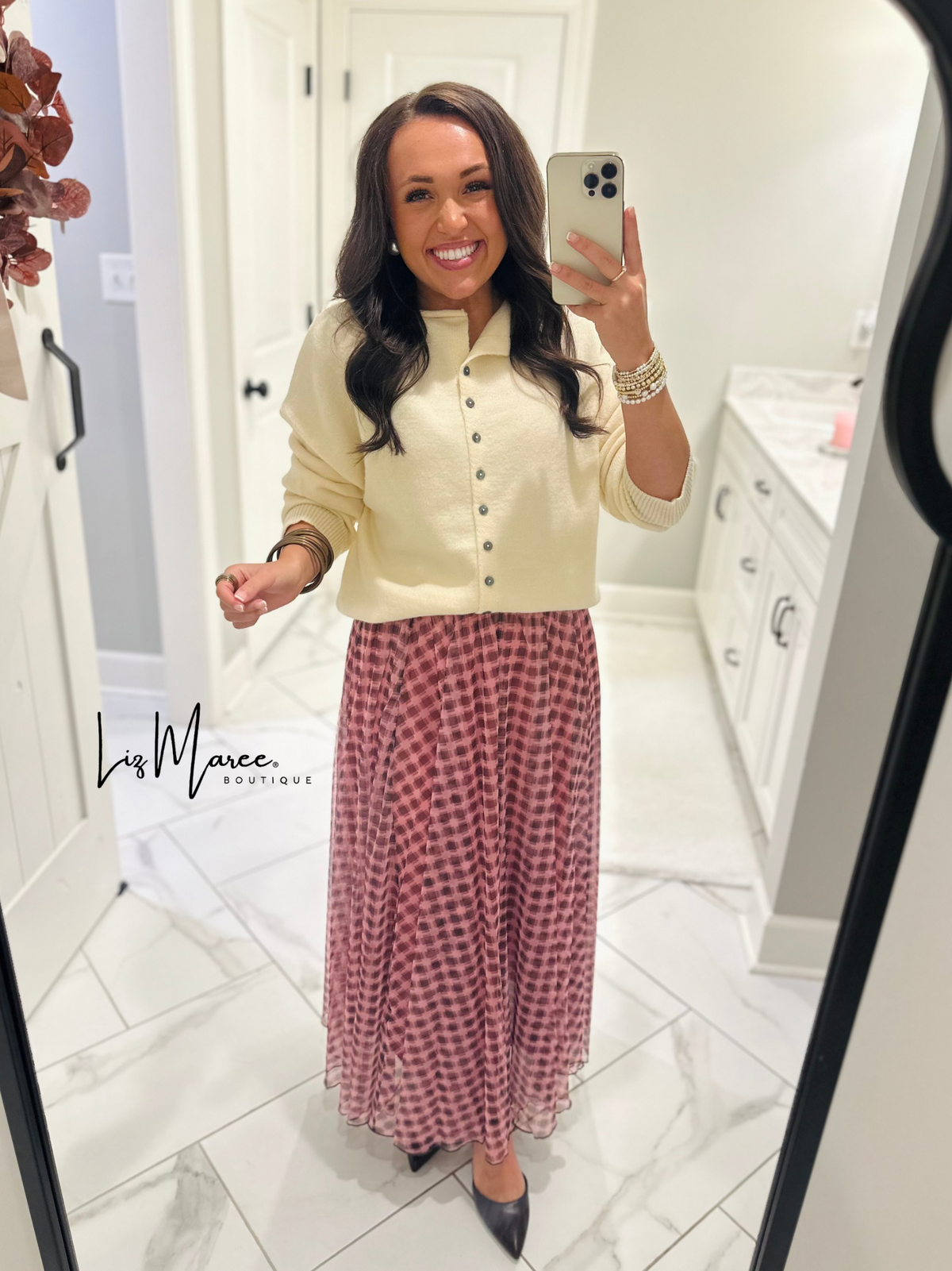 The Ada Pink + Brown Gingham Maxi Skirt