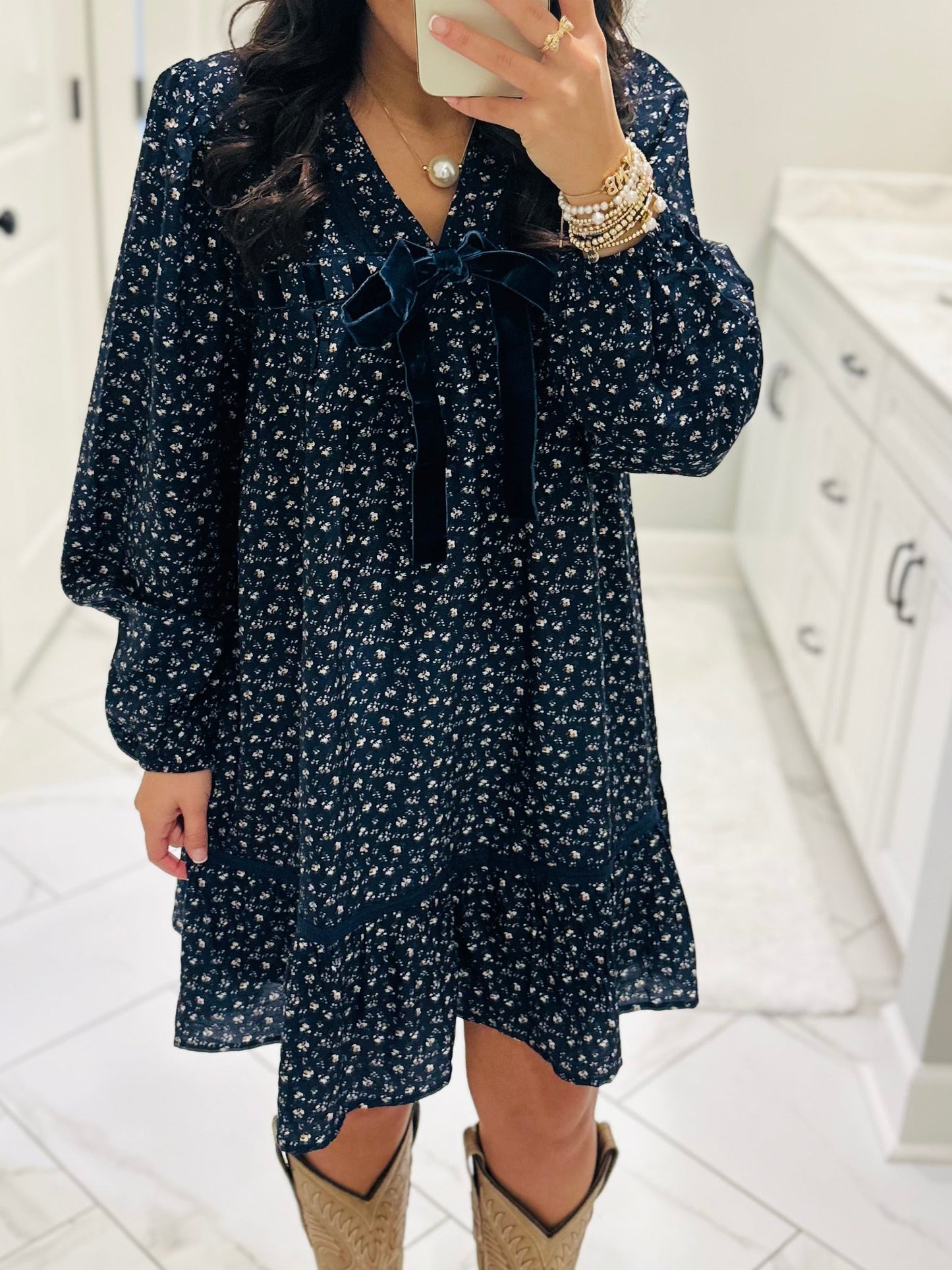 The Rhea Navy Floral Long Sleeve Bow Detail Dress