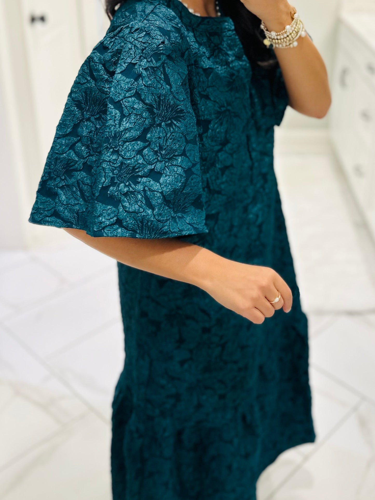 The Ada Emerald Jacquard Floral Midi Dress