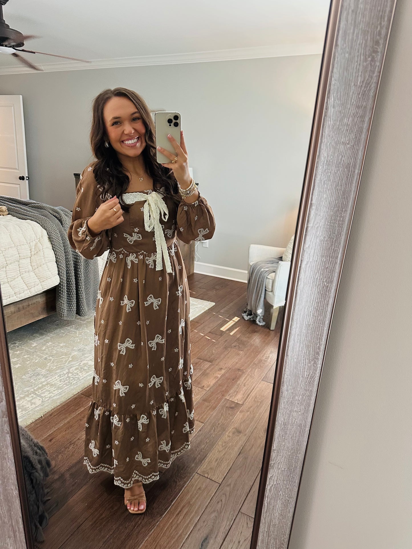 The Bruna Brown Bow Embroidered Midi Dress