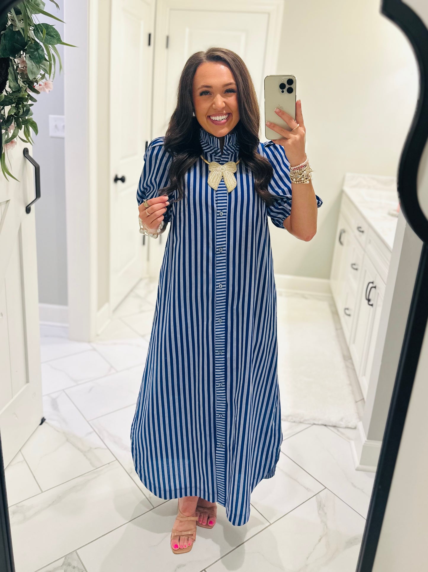 The Quinn Navy Blue Striped Midi Dress