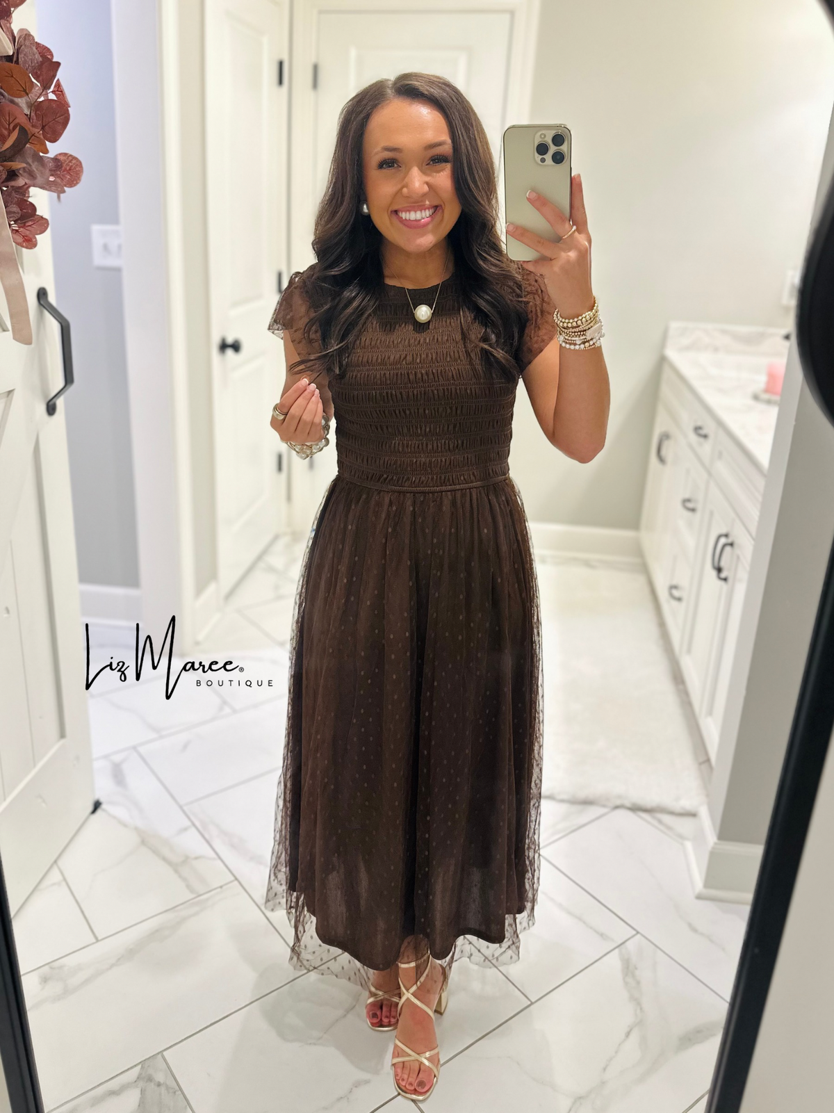 The Autumn Brown Polka Dot Chiffon Midi Dress