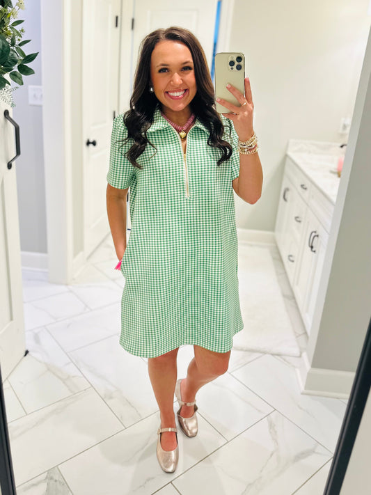 The Lee Green Gingham Quarter Zip Dress