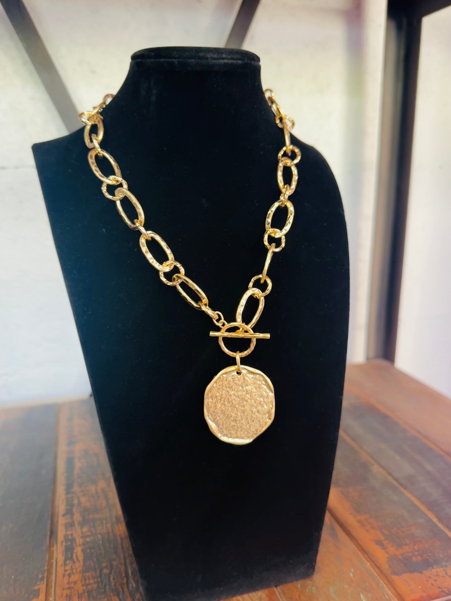 Gold Hammered Coin Charm Chain Necklace