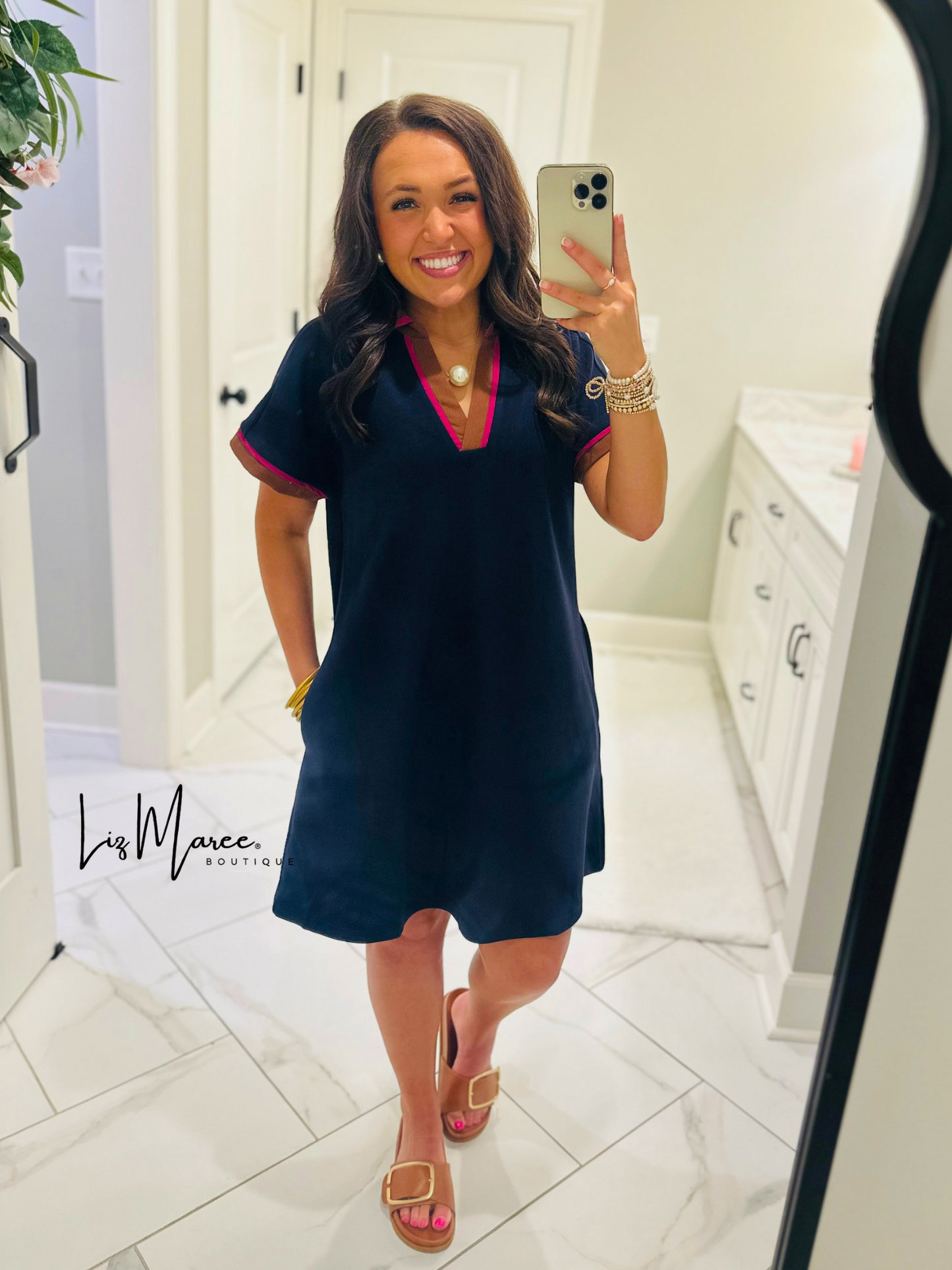 The Nina Navy Mix Collared Dress