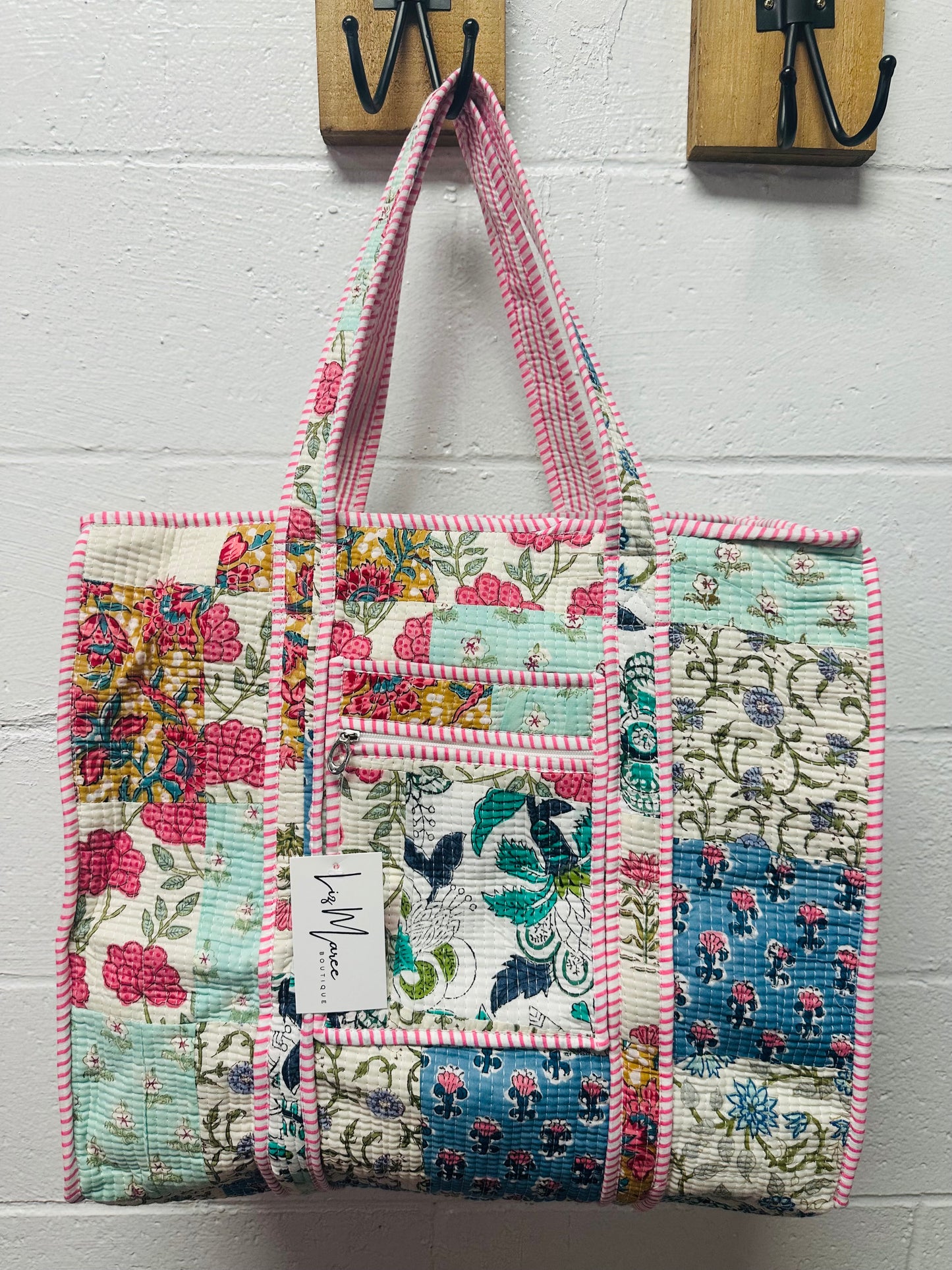 The Pink + Blue Multicolor Patchwork Quilted Tote Bag