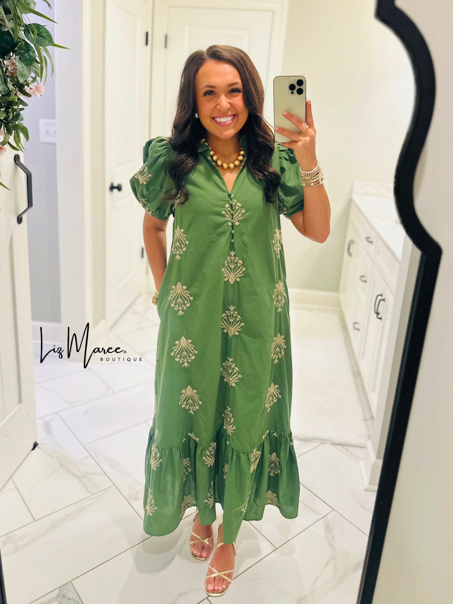 The Nola Olive Green Botanical Embroidered Midi Dress