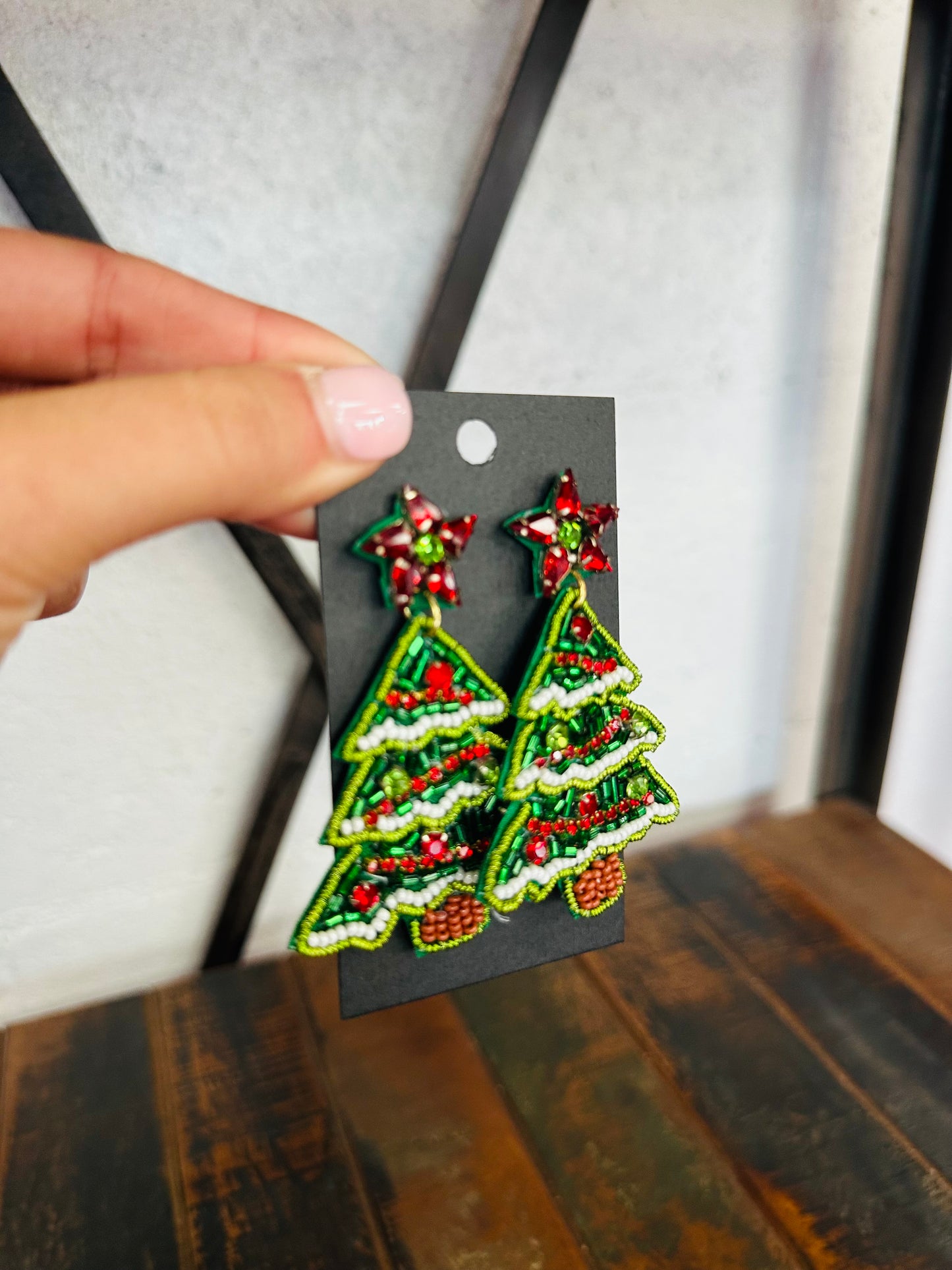Green + Red Christmas Tree Beaded Earring