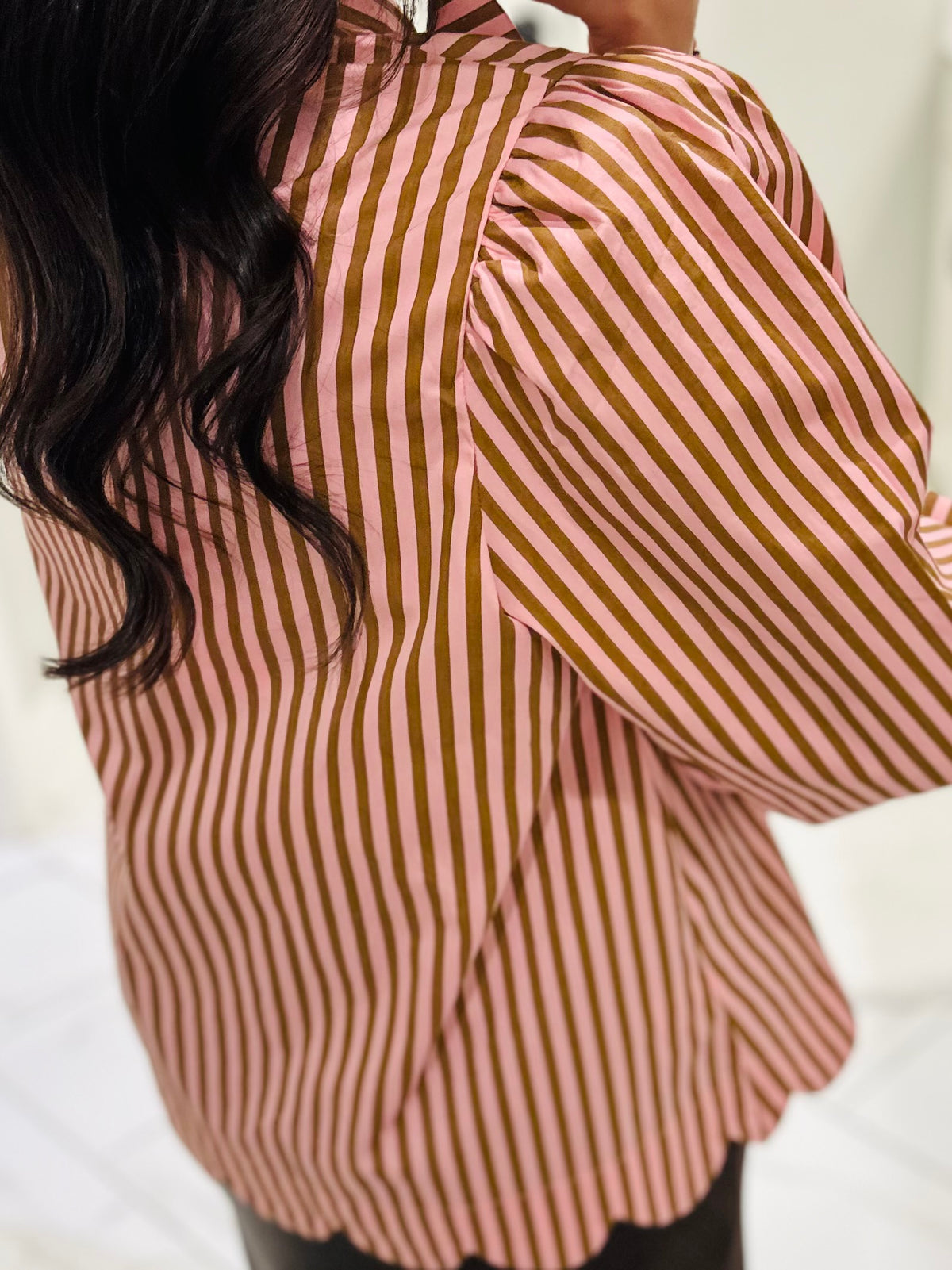 The Shelby Pink + Brown Striped Bow Top