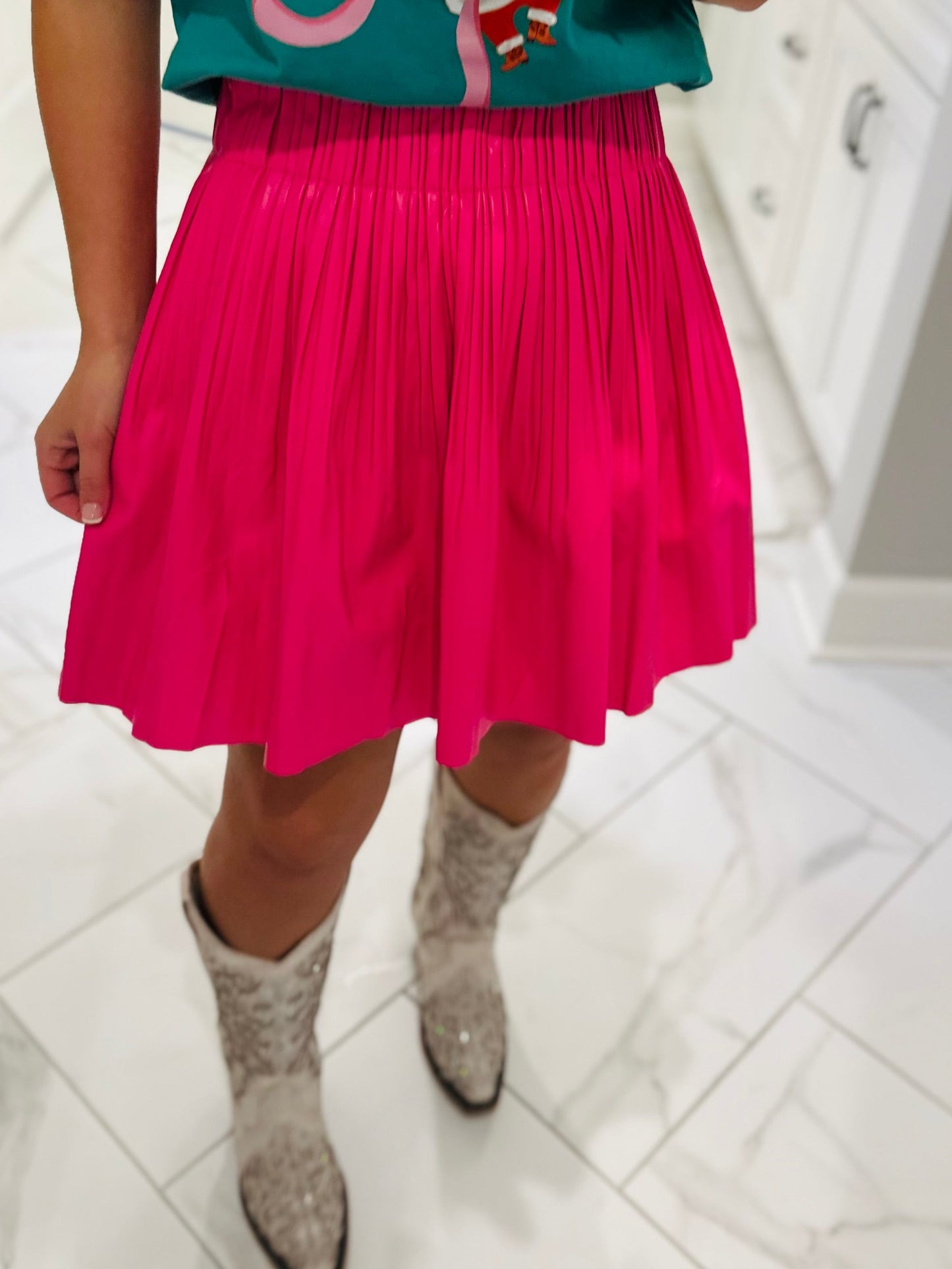 The Annie Hot Pink Leather Pleated Skirt