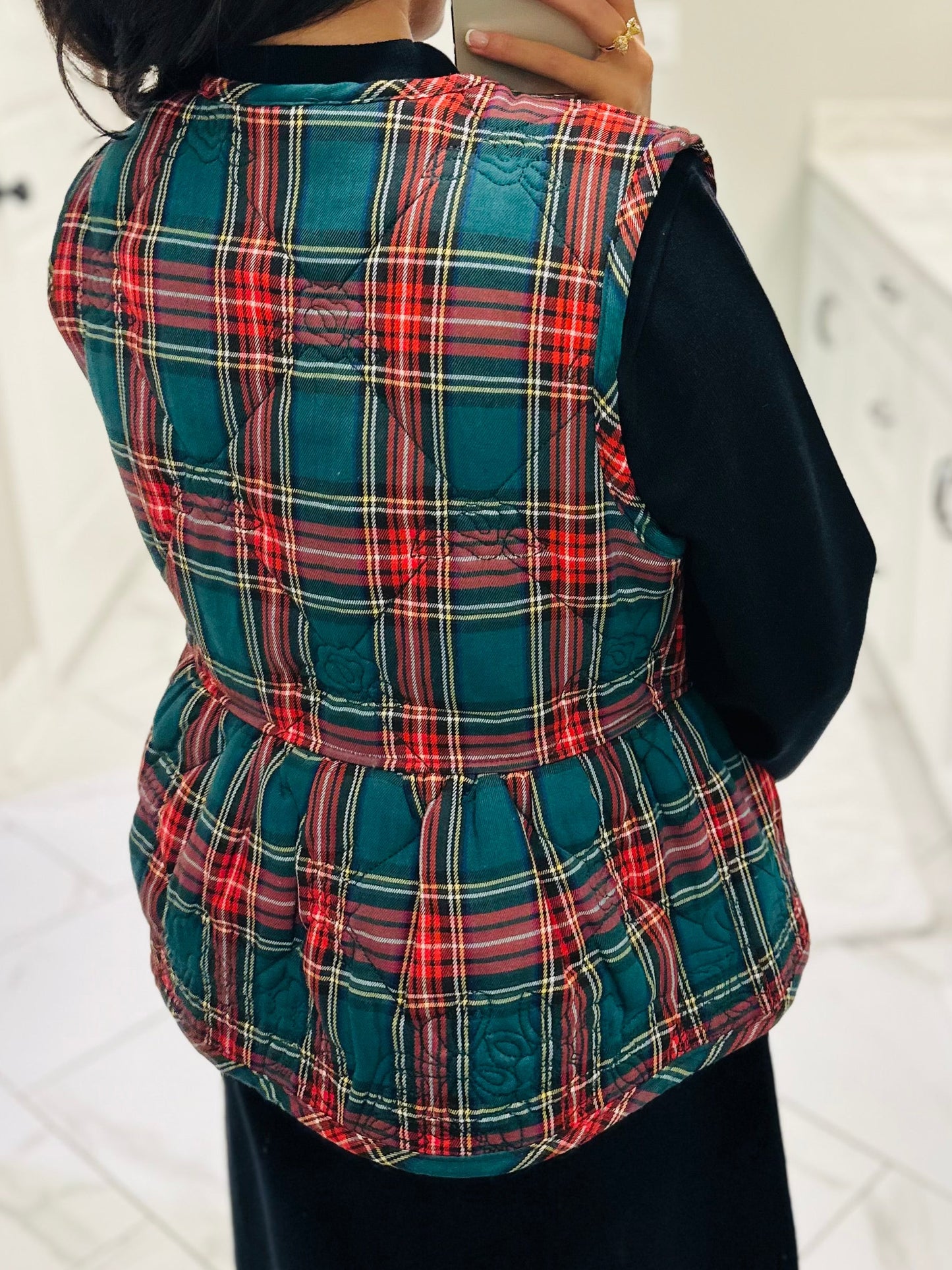 The Charity Green Plaid Quilted Bow Vest