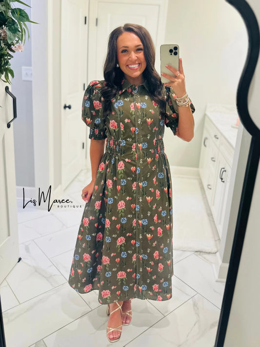 The Annie Olive Green Floral Midi Dress