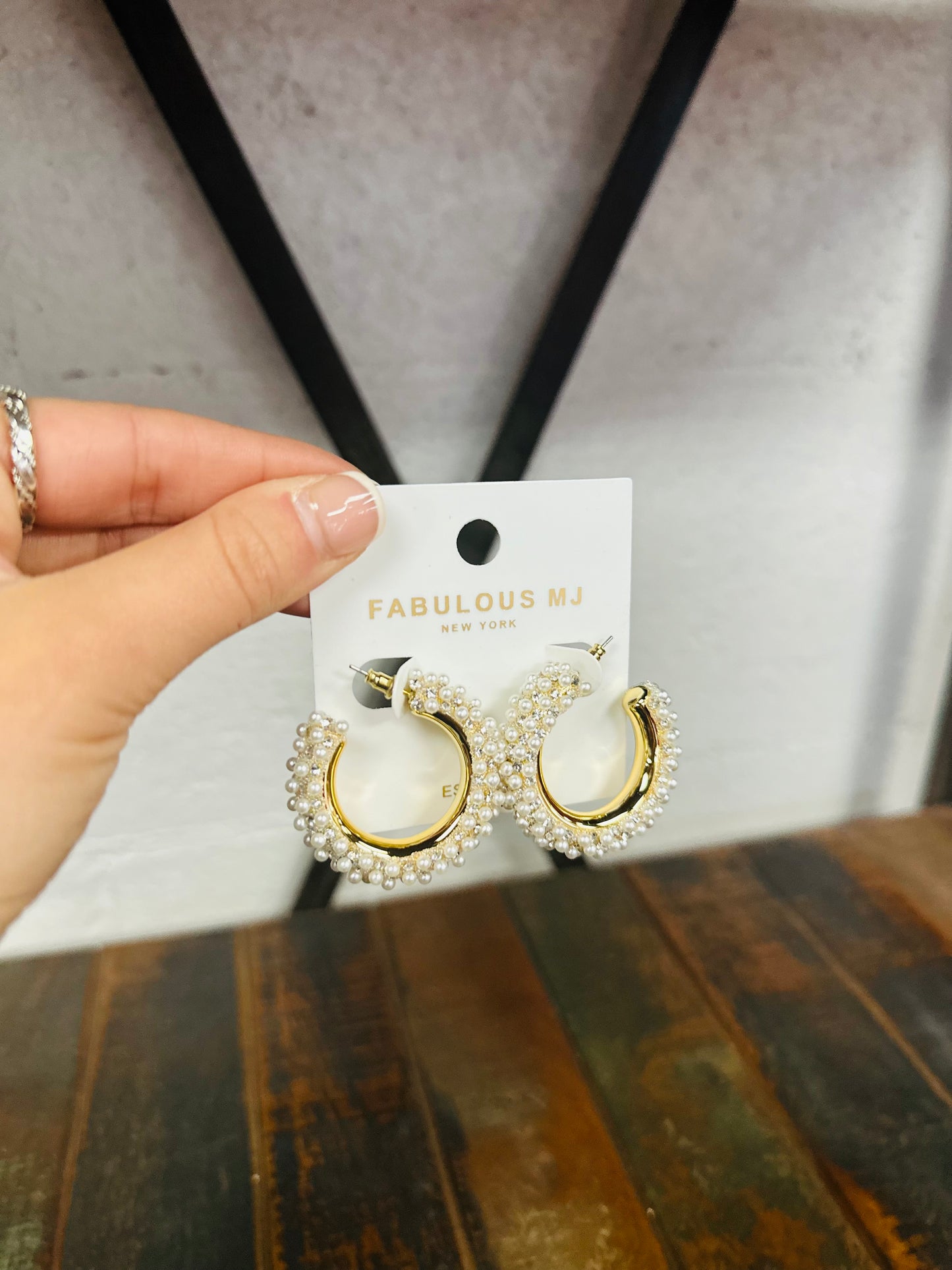 Gold + Cream Pearl Rhinestone Hoop Earring