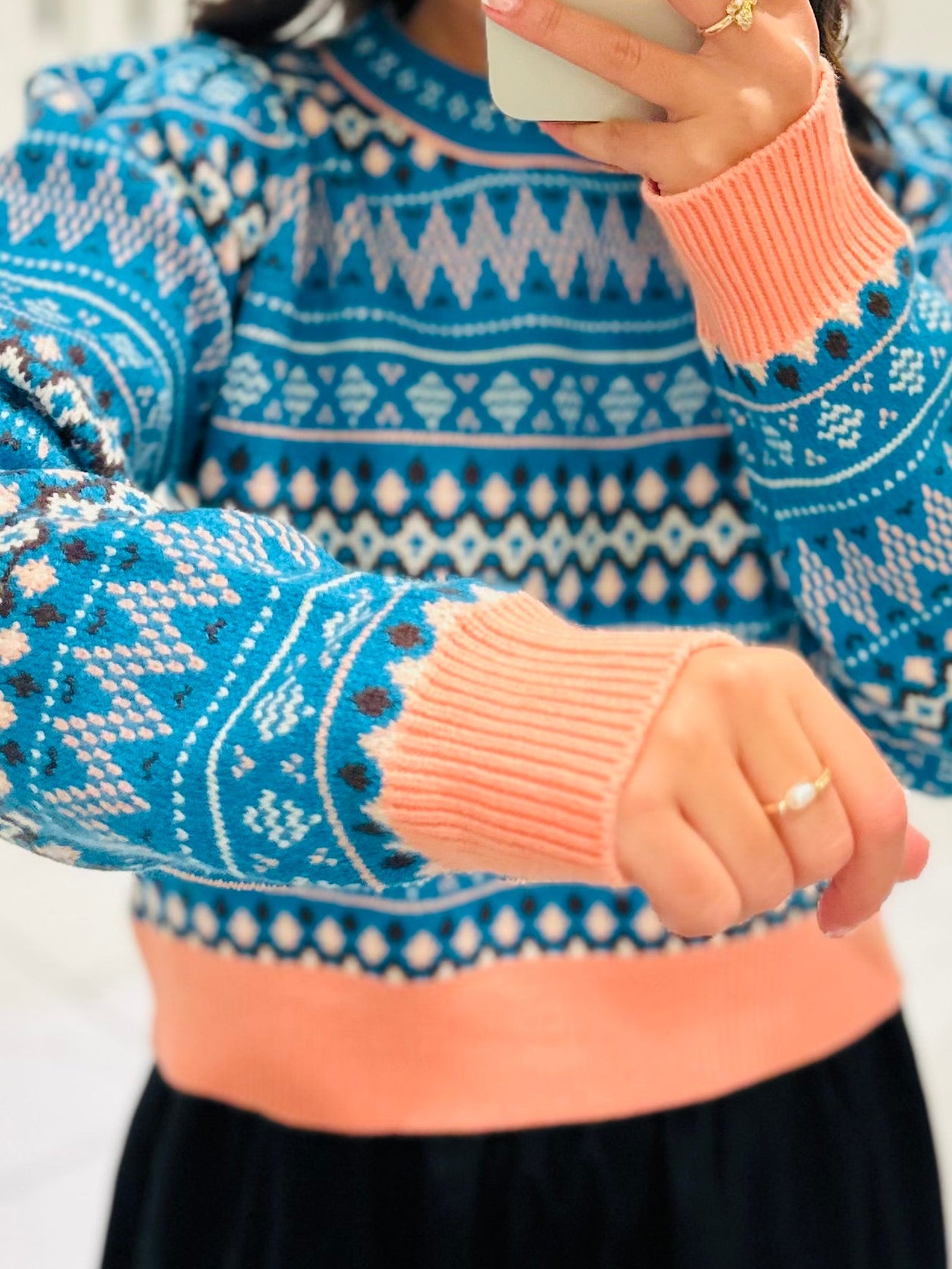 The Alya Blue Fair Isle Print Cropped Sweater
