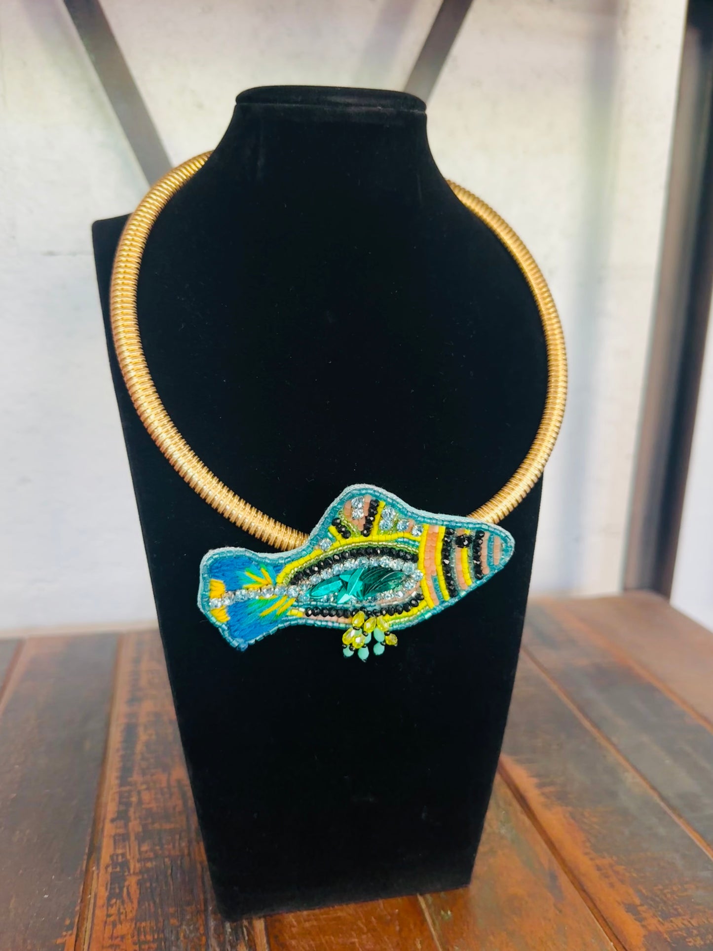Blue + Green Beaded Fish Collar Necklace