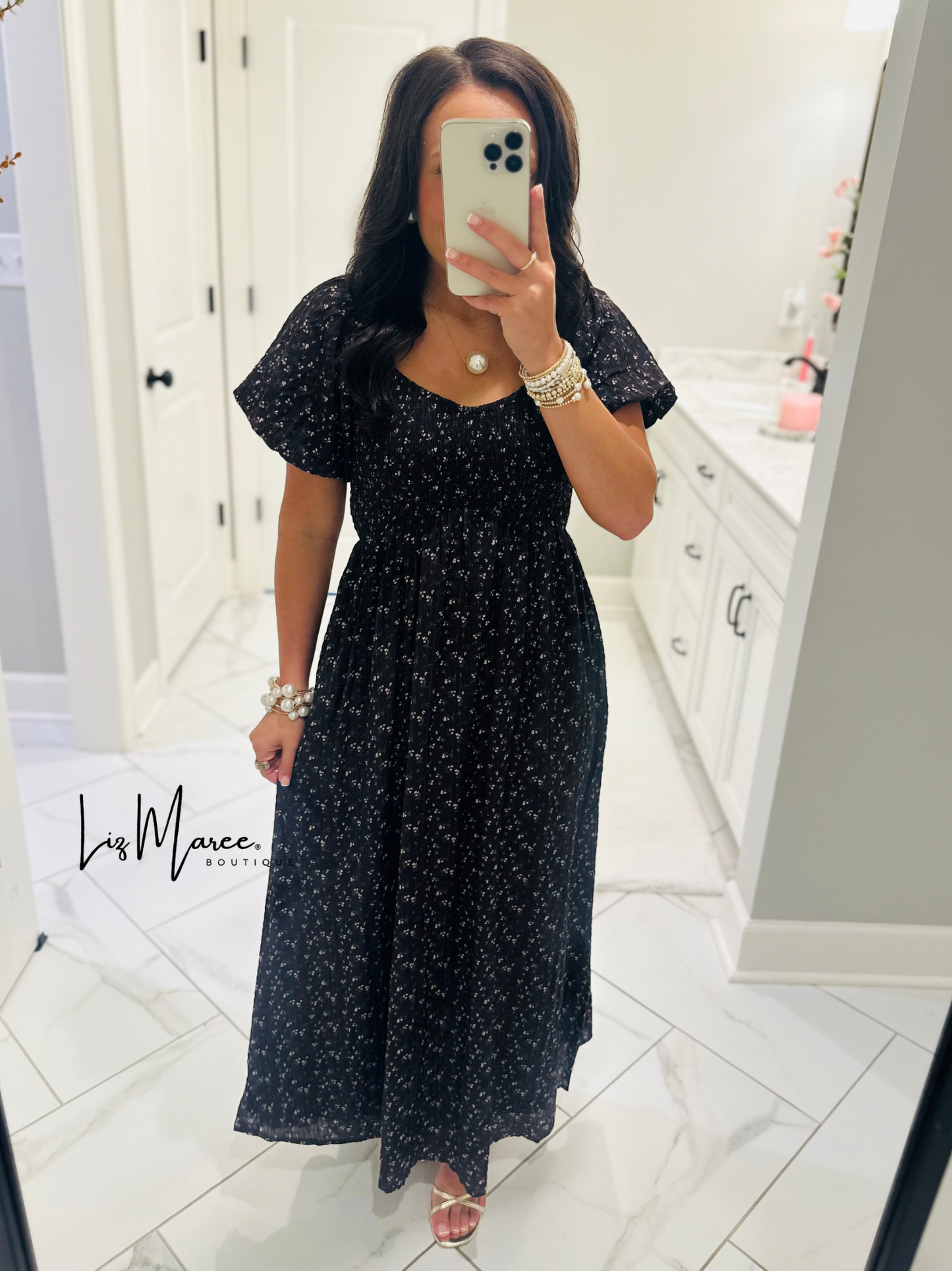 The Miley Dark Brown Ditsy Floral Smocked Maxi Dress