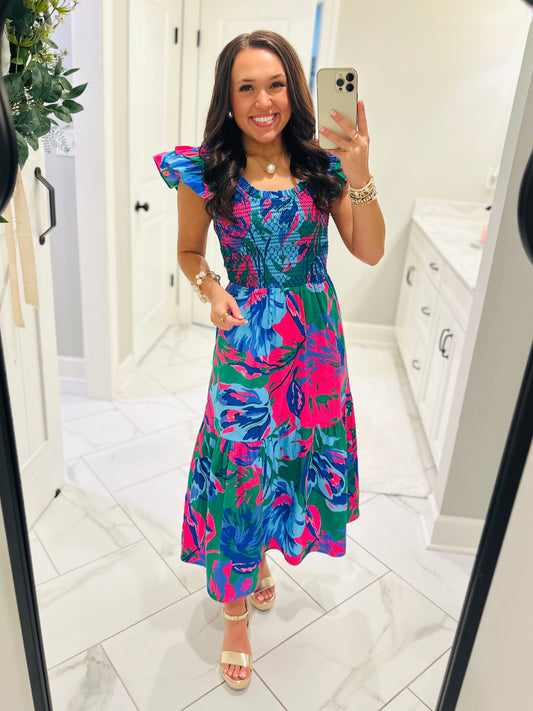 The Raylee Kelly Blue Multi Floral Smocked Midi Dress