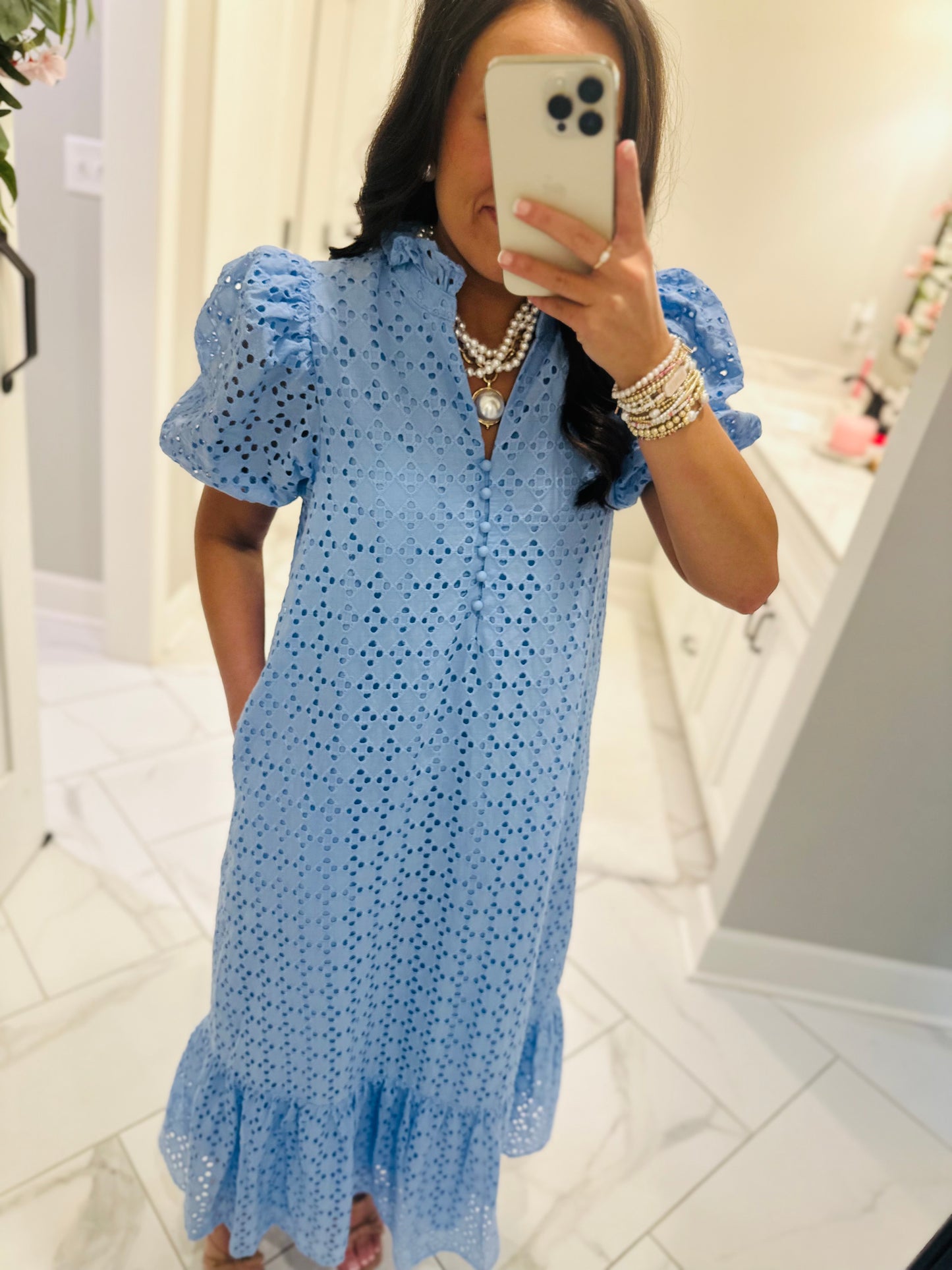 The Liz Light Blue Eyelet Midi Dress