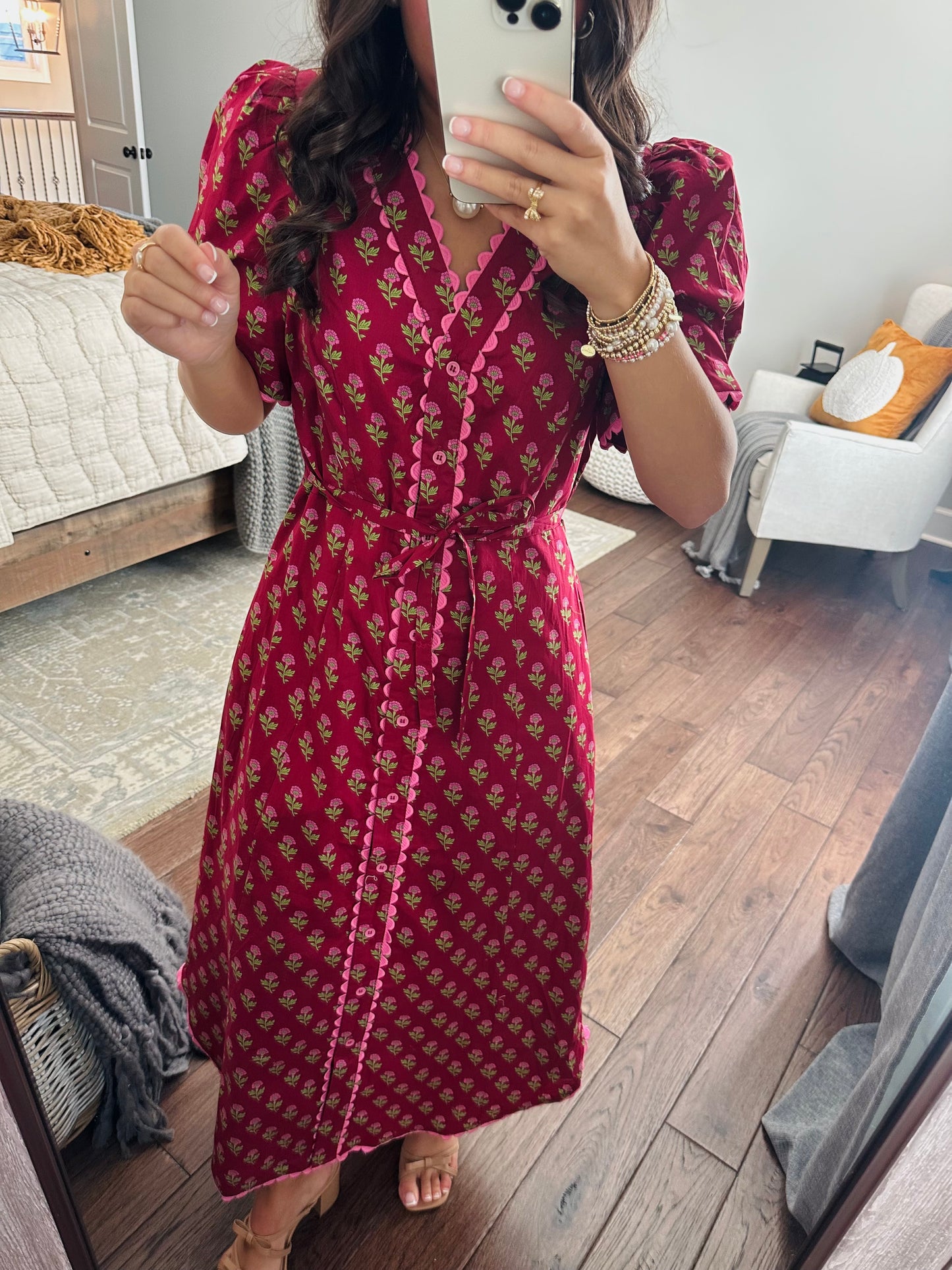 The Charlotte Burgundy Floral Scallop Trim Midi Dress