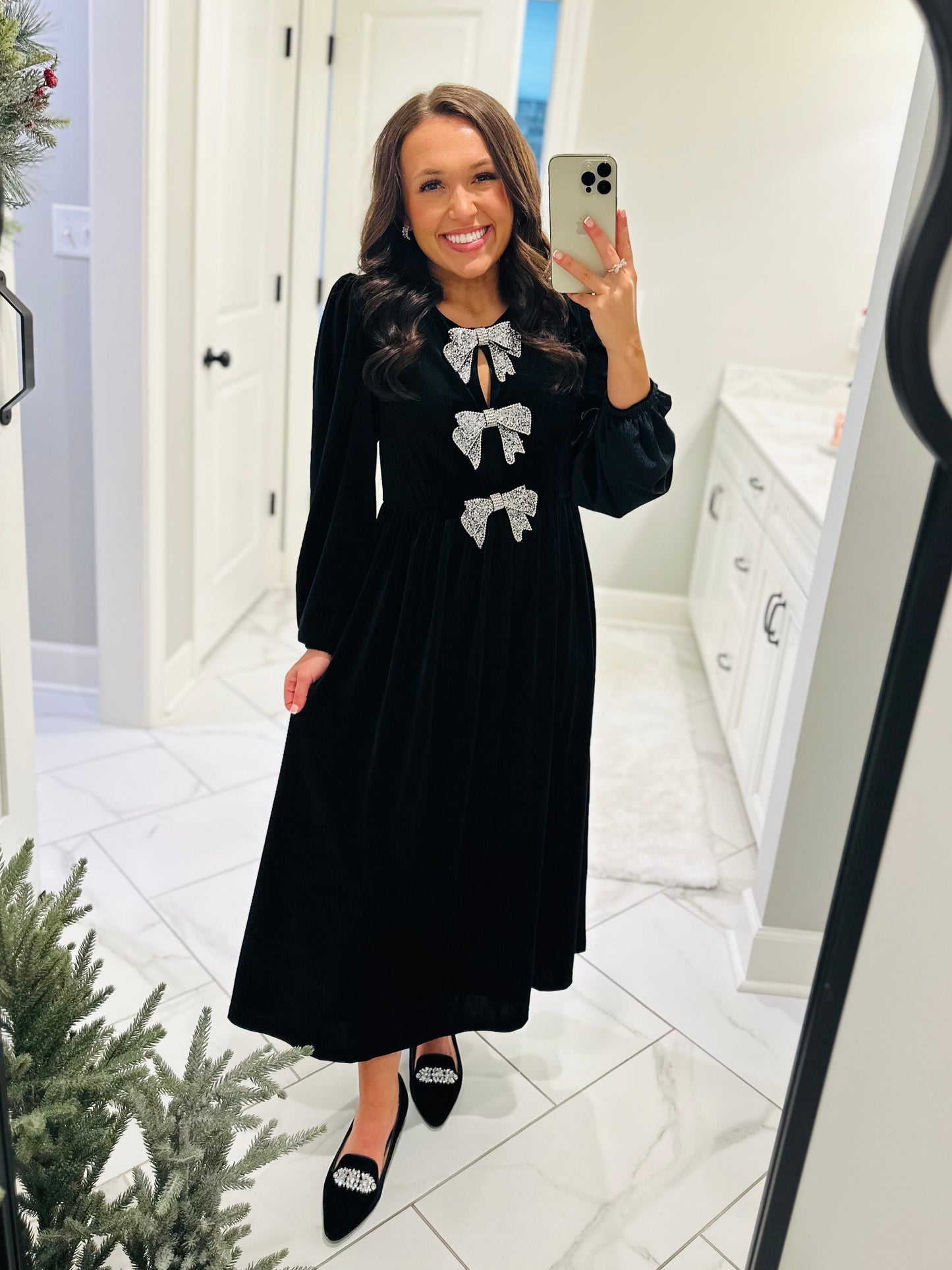 The Jenna Black Velvet Bow Midi Dress