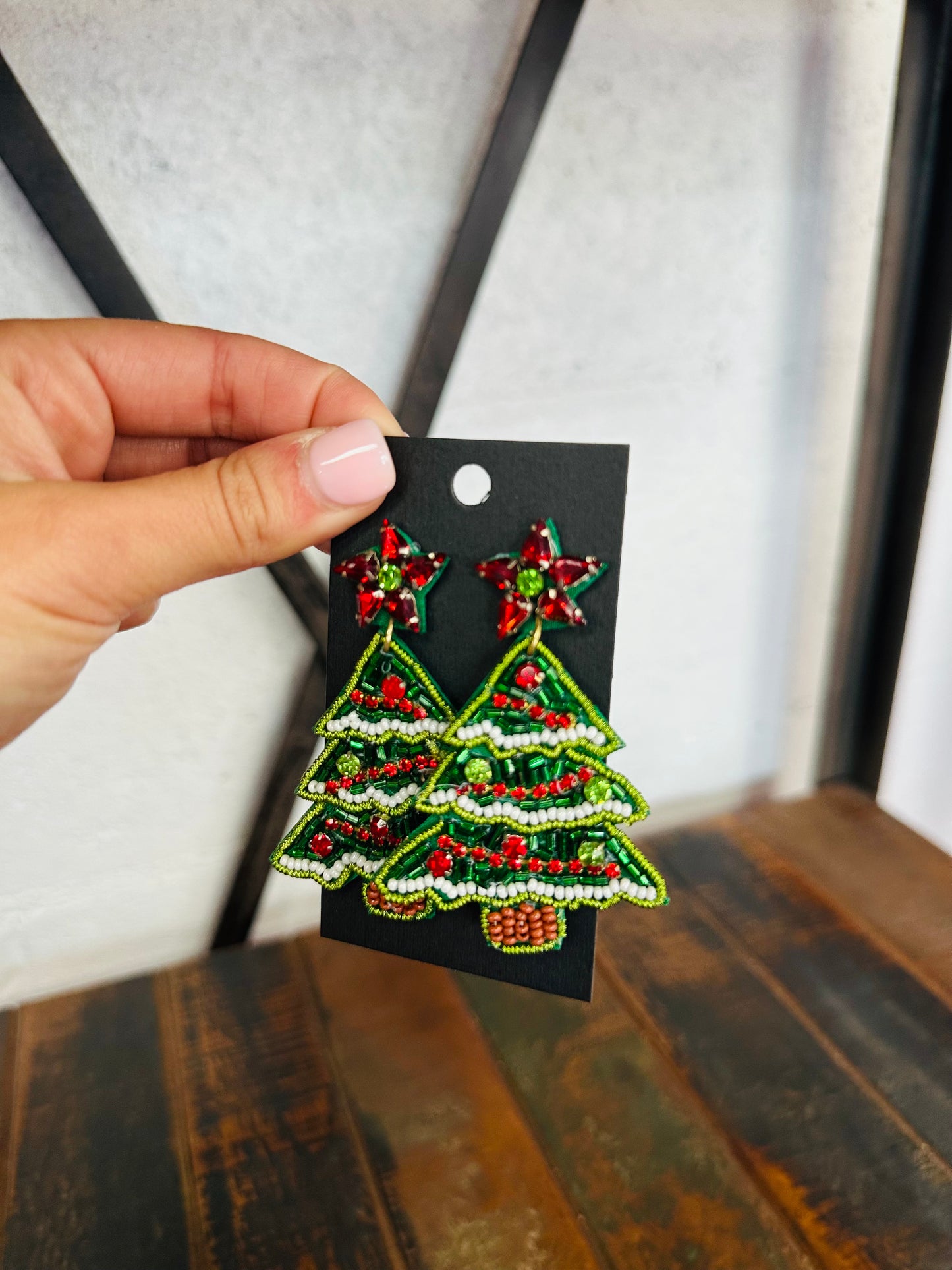 Green + Red Christmas Tree Beaded Earring