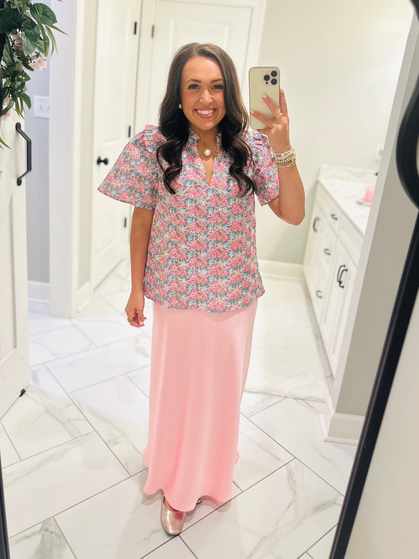 The Gemalee Pink + Green Eyelet Top