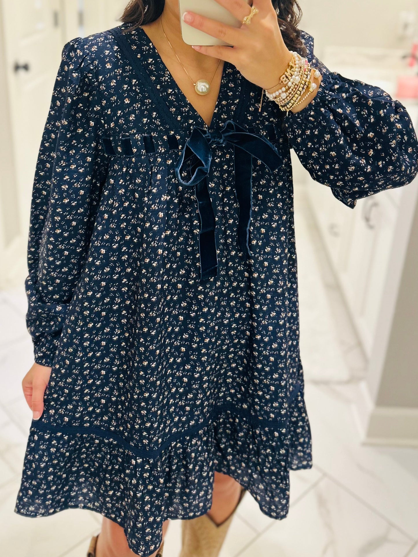 The Rhea Navy Floral Long Sleeve Bow Detail Dress