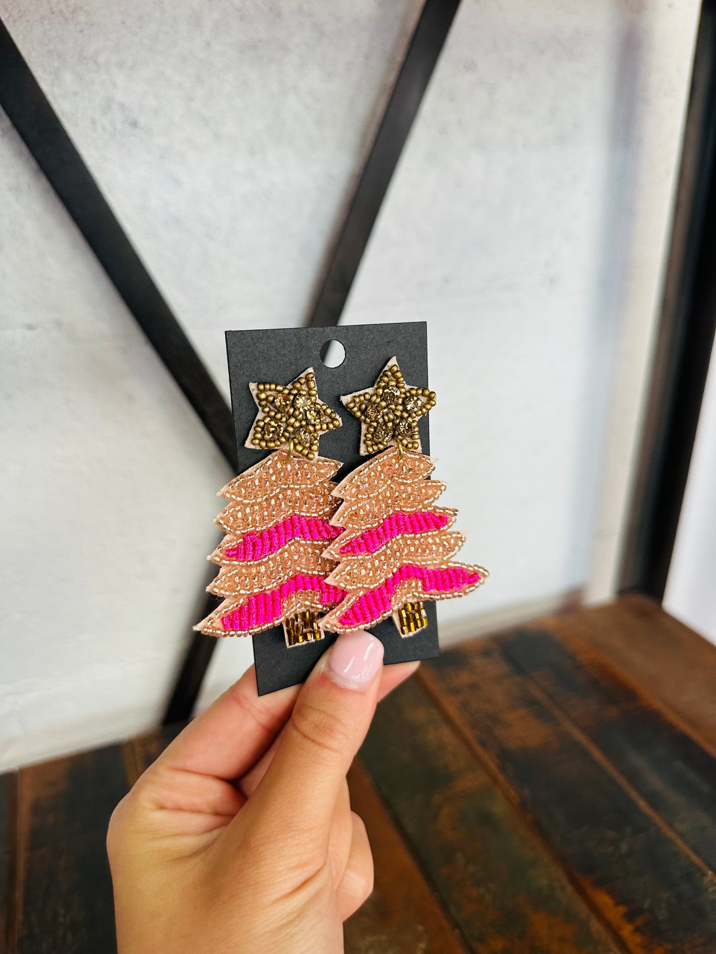 Brown + Pink Christmas Tree Beaded Earring