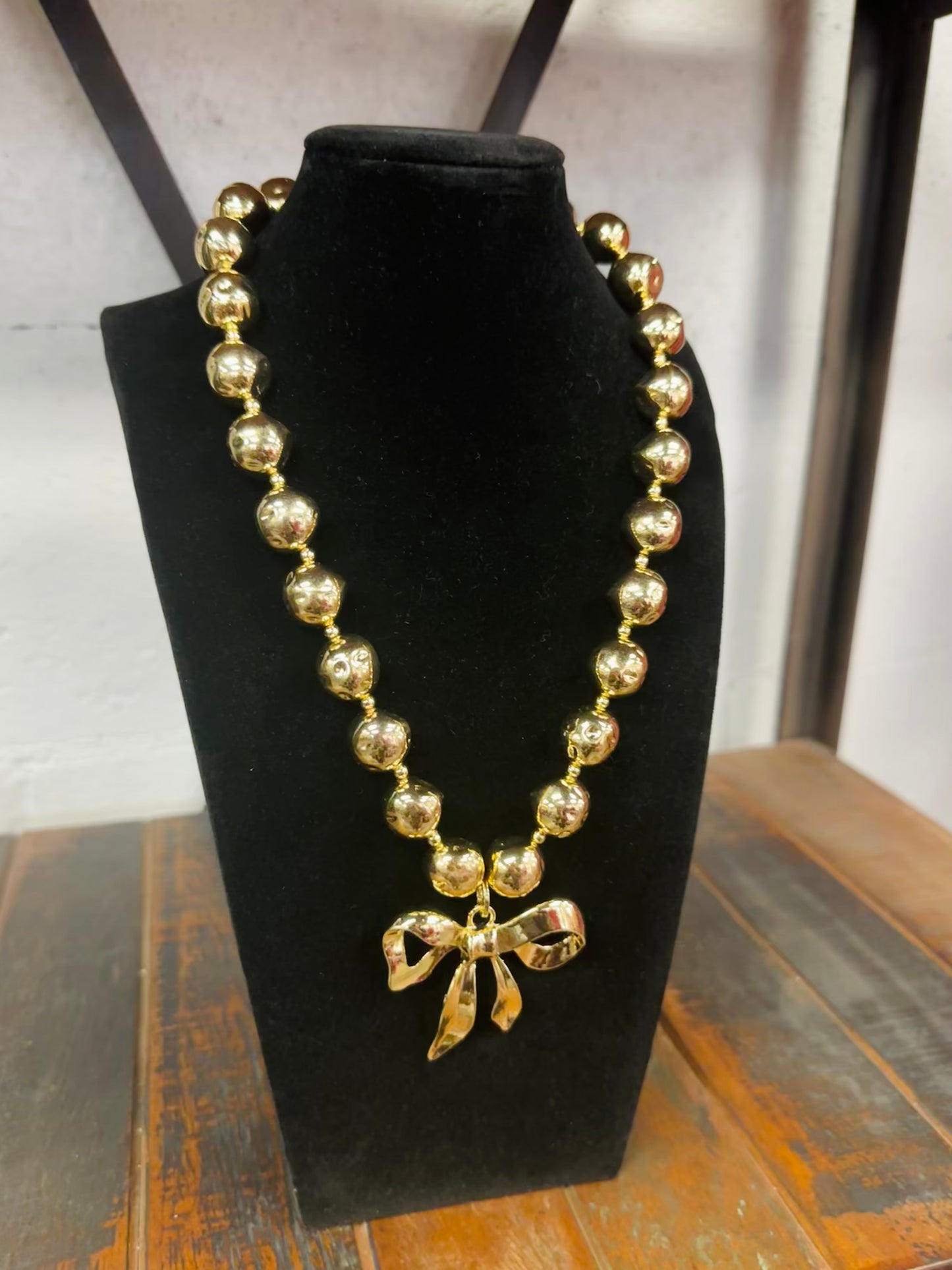 Gold Bow Ball Beaded Statement Necklace