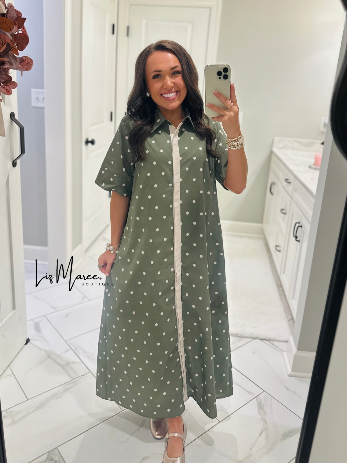 The Ruth Olive Green Polka Dot Midi Dress