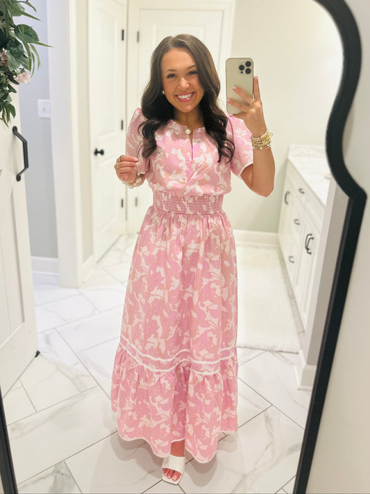 The Delaney Pink Floral Smocked Midi Dress