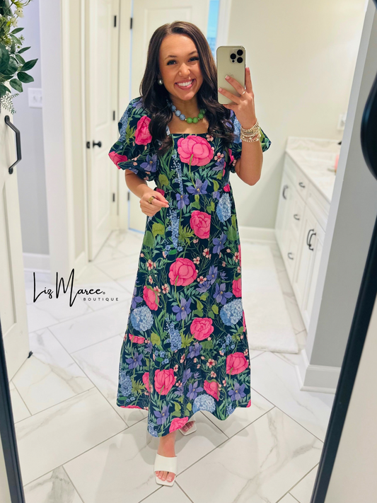 The Danyale Navy Floral Bow Midi Dress