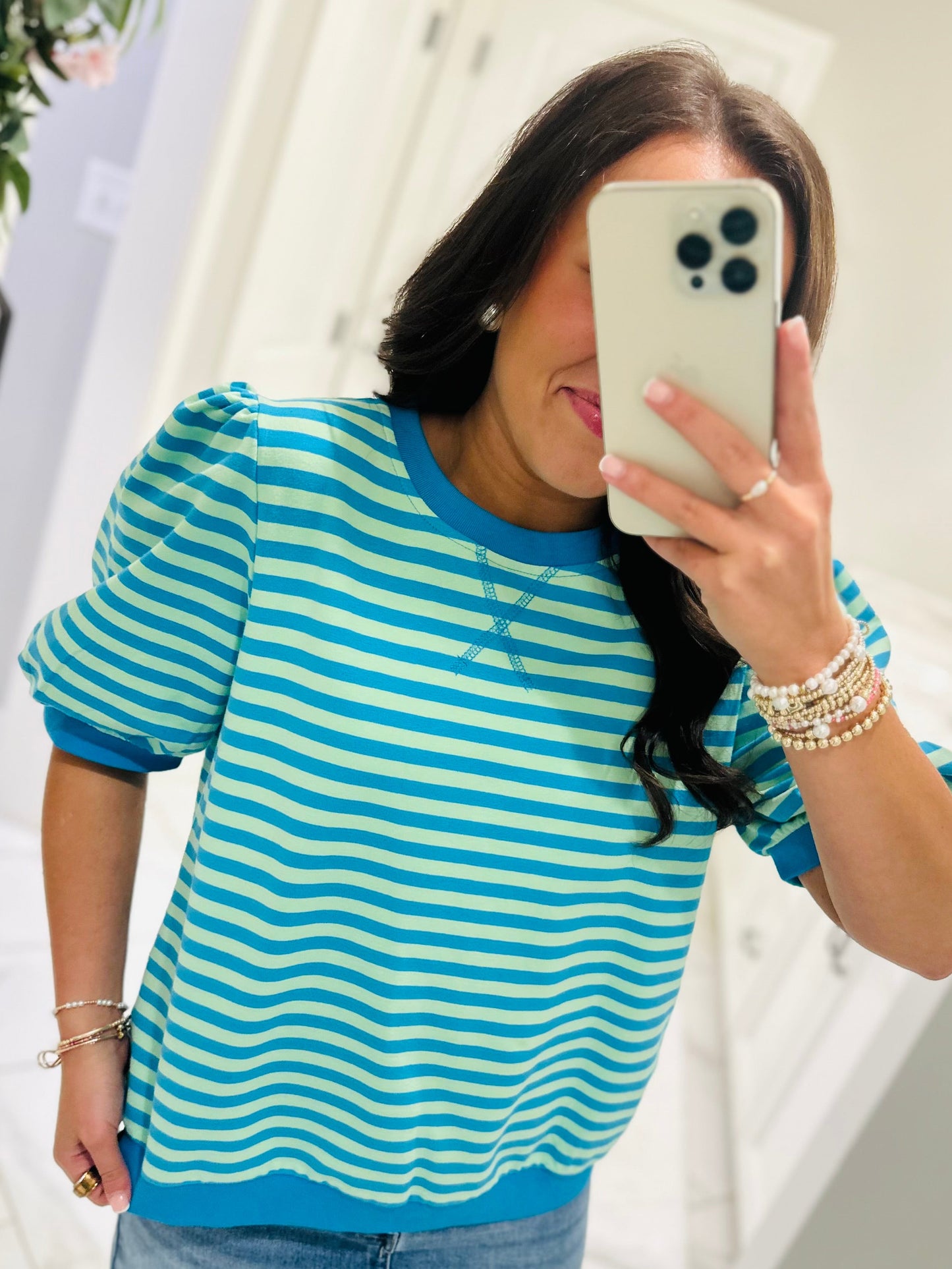 The Summer Blue + Lime Green Striped Puff Sleeve Top