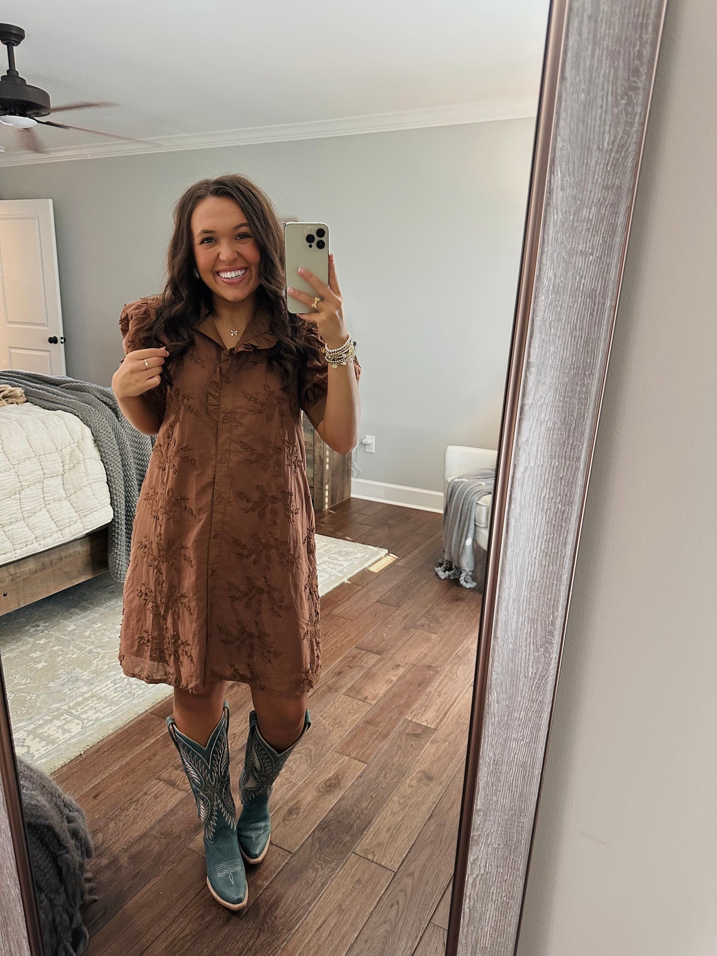 The Taylor Mocha Brown Floral Appliqué Dress